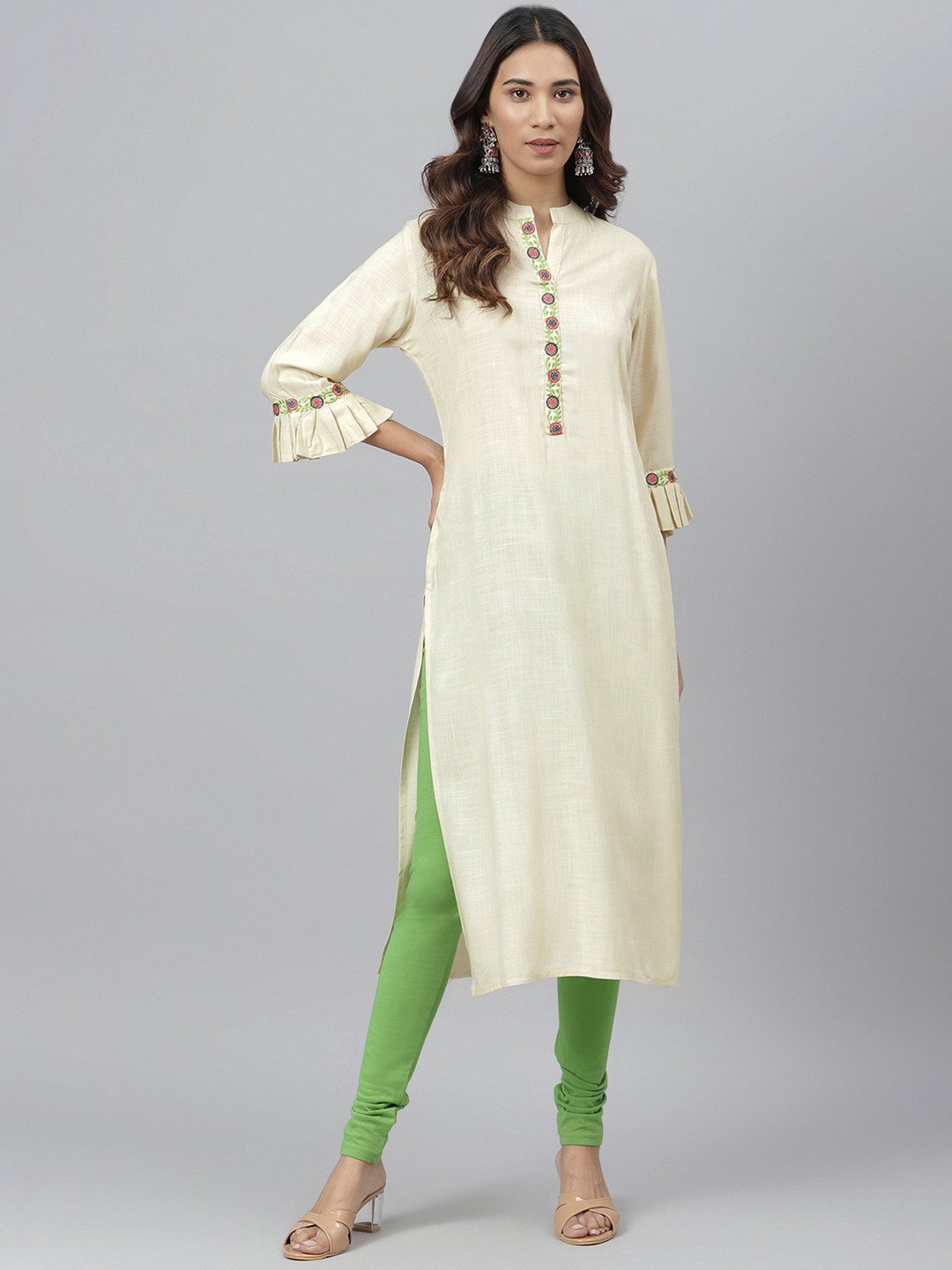 JAIPUR ATTIRE Women Cream-Coloured Bell Sleeves Kurta