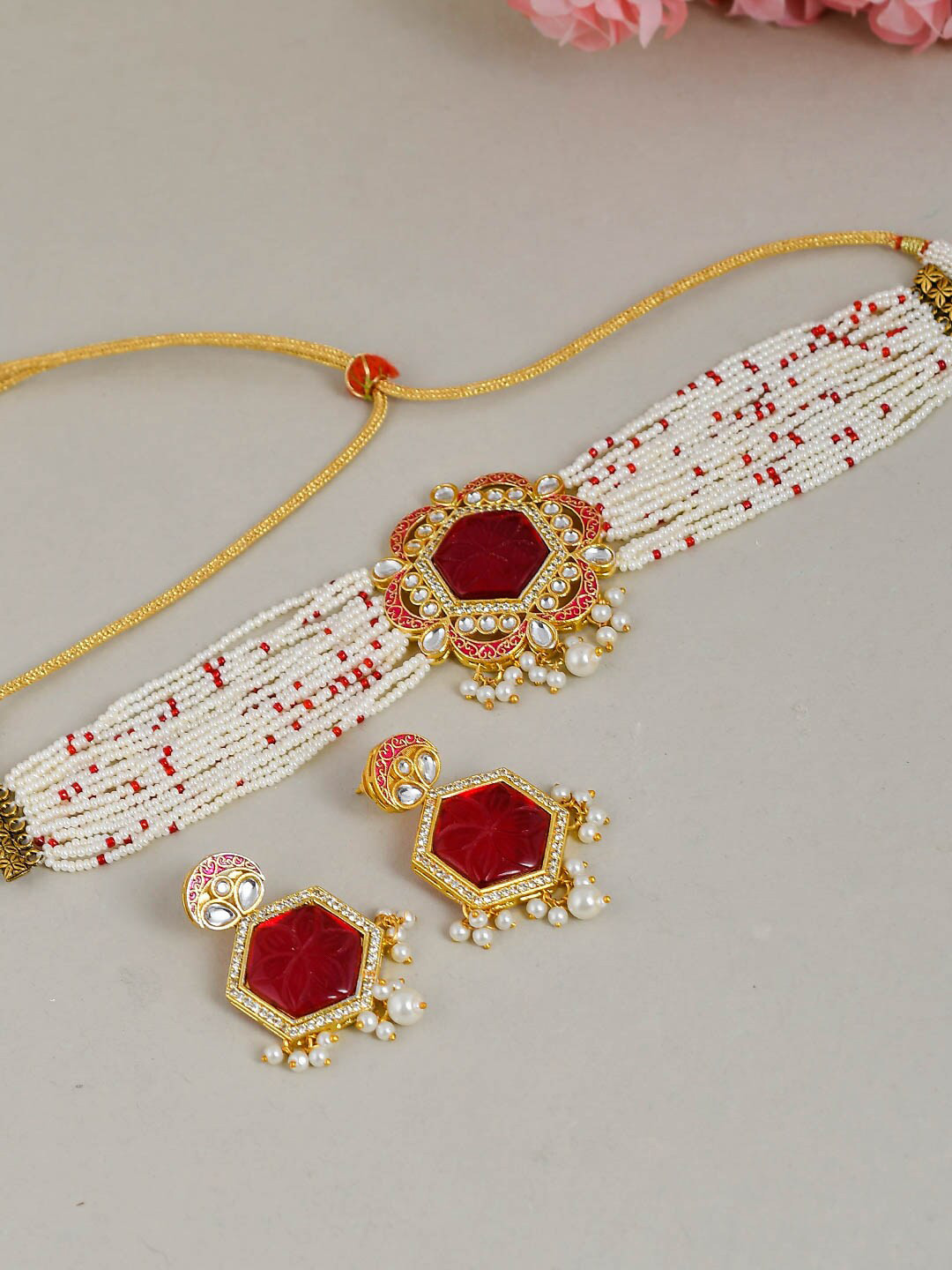 Silvermerc Designs Gold-Plated Red & White Oynx Multistrand Jadau Jewellery Set