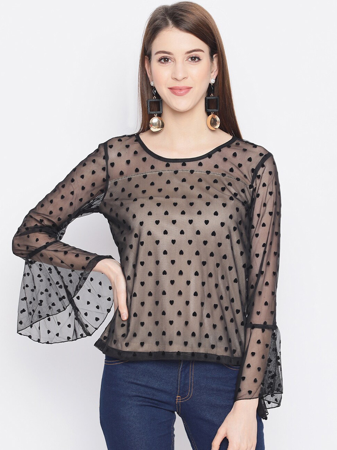 AKIMIA Black Semi Sheer Net Regular Top