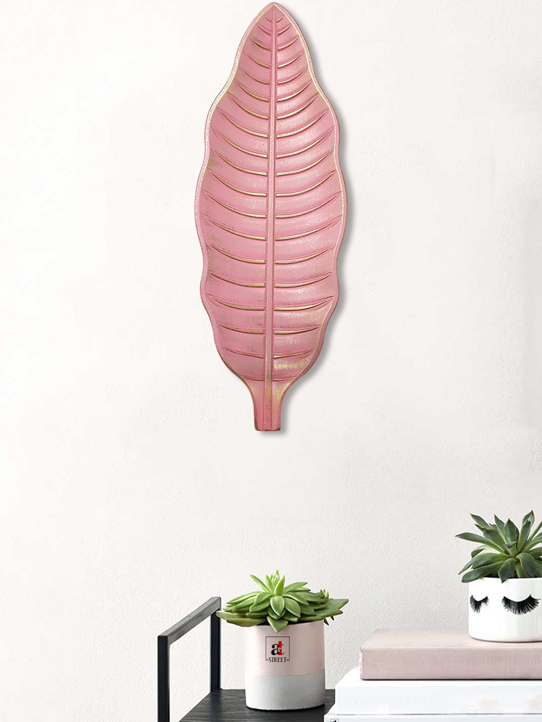 Art Street Pink & Gold-Toned Leaf Textured MDF Wall Decor Plate