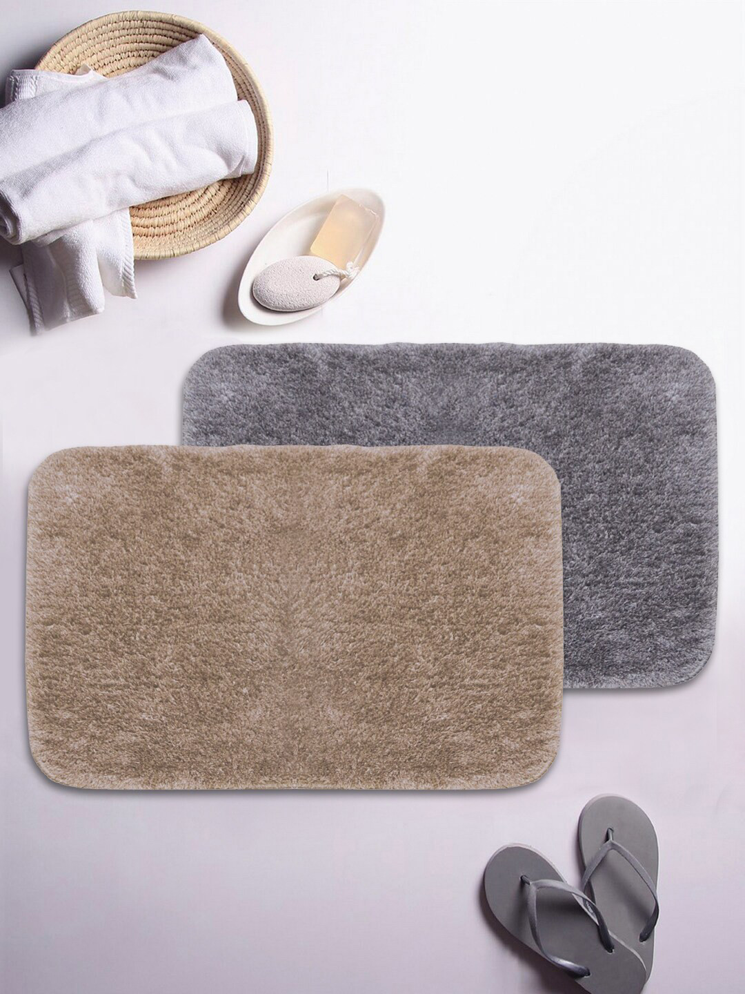 BIANCA Set Of 2 Khaki Brown & Grey Solid 1850 GSM Plush Anti-Skid Bath Rugs