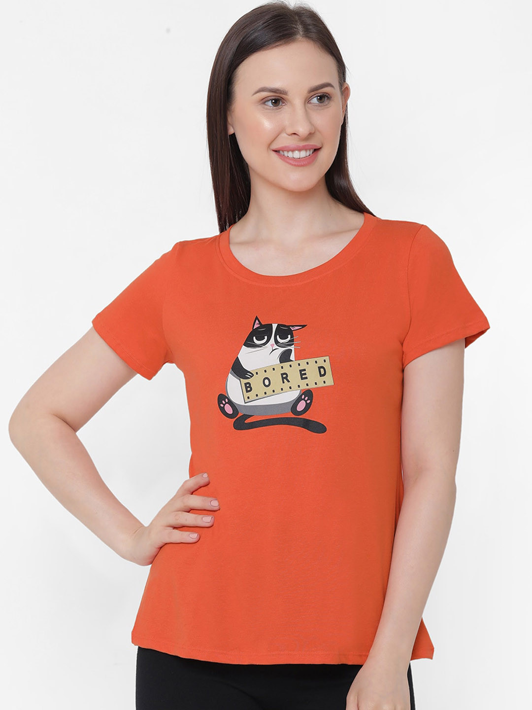 Soie Women Orange & White Printed Lounge T-Shirt