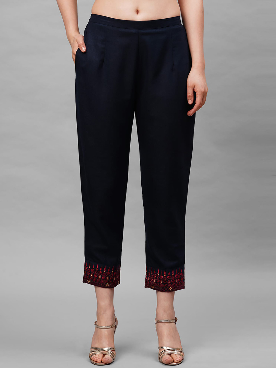 Indo Era Women Navy Blue Cigarette Trousers