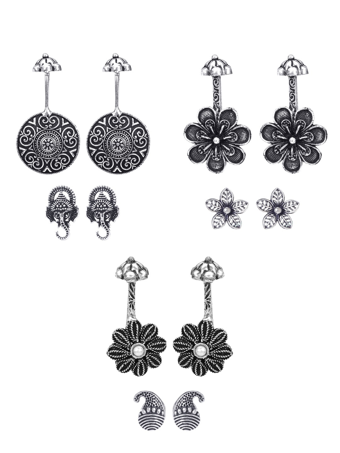 Yellow Chimes Set of 6 Oxidised Silver-Plated Textured Bugadi Earrings