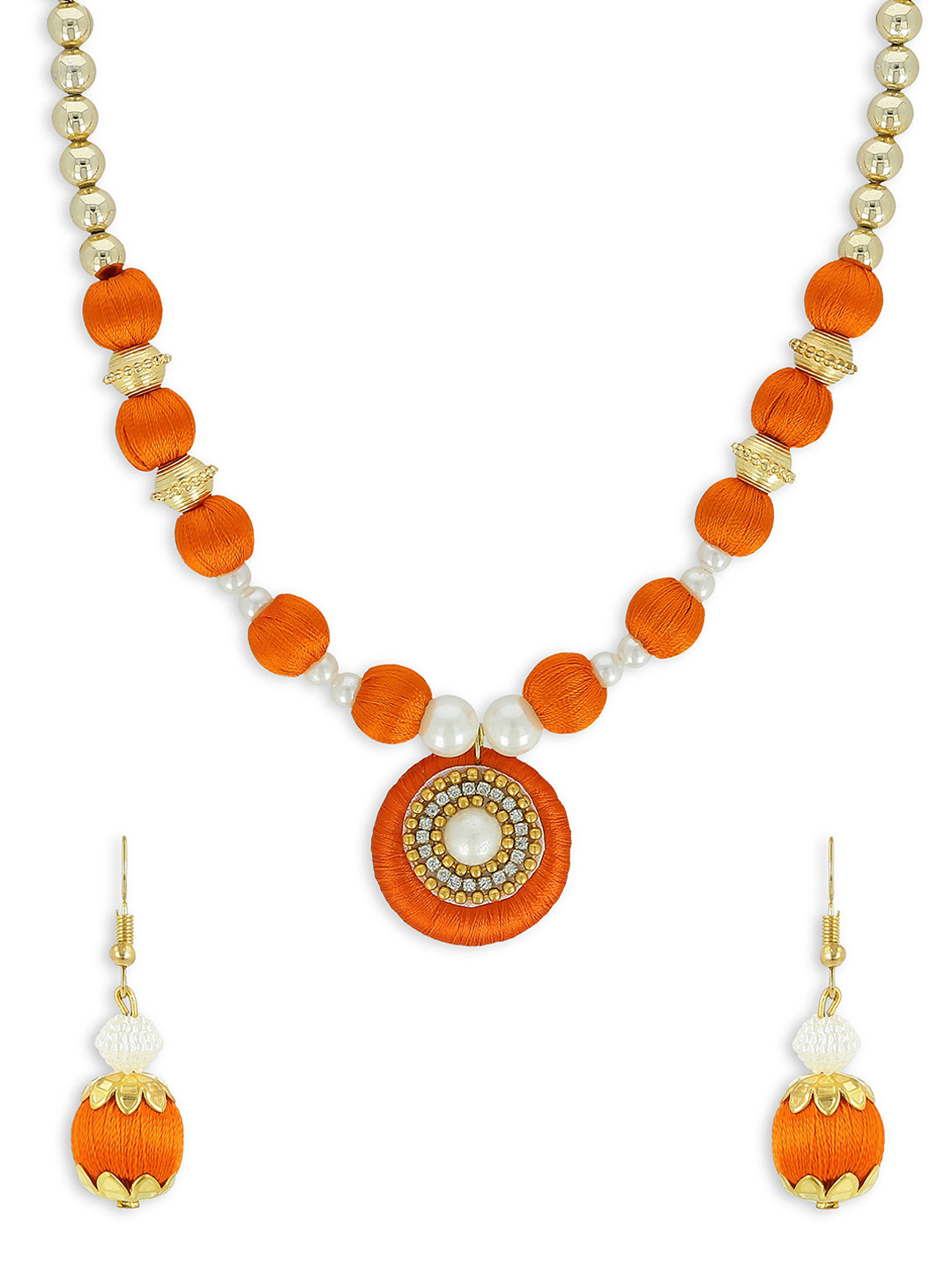 AKSHARA Gold-Plated Orange & White Stone-Studded & Beaded Handcrafted Jewellery Set