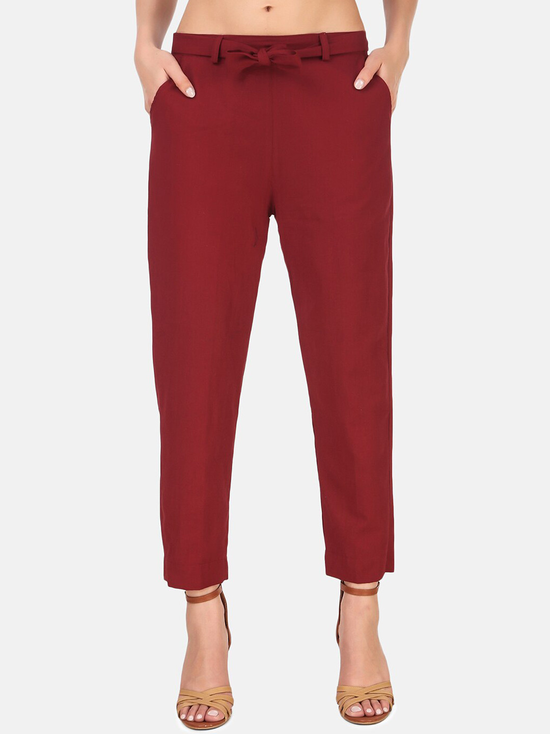 Aawari Women Maroon Regular Fit Solid Regular Trousers with Belt