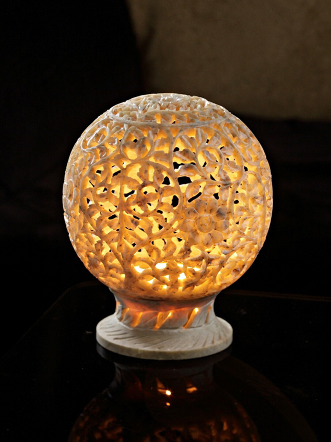 Aapno Rajasthan Grey Round Carved Stone Candle Holder