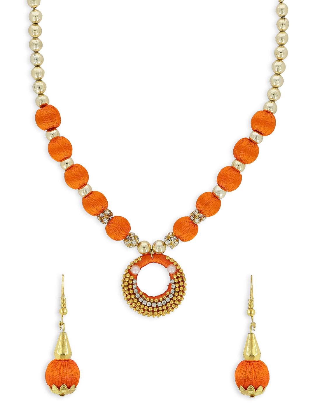 AKSHARA Girls Gold-Plated Orange Stone-Studded Handcrafted Jewellery Set