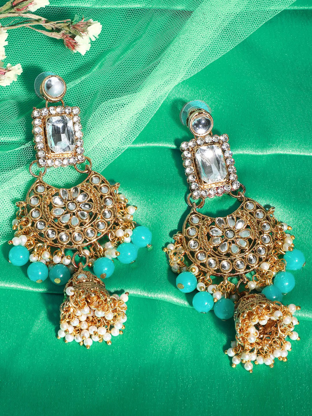 Yellow Chimes Woman Gold-Plated Kundan Studded & Beaded Handcrafted Chandbalis Earring