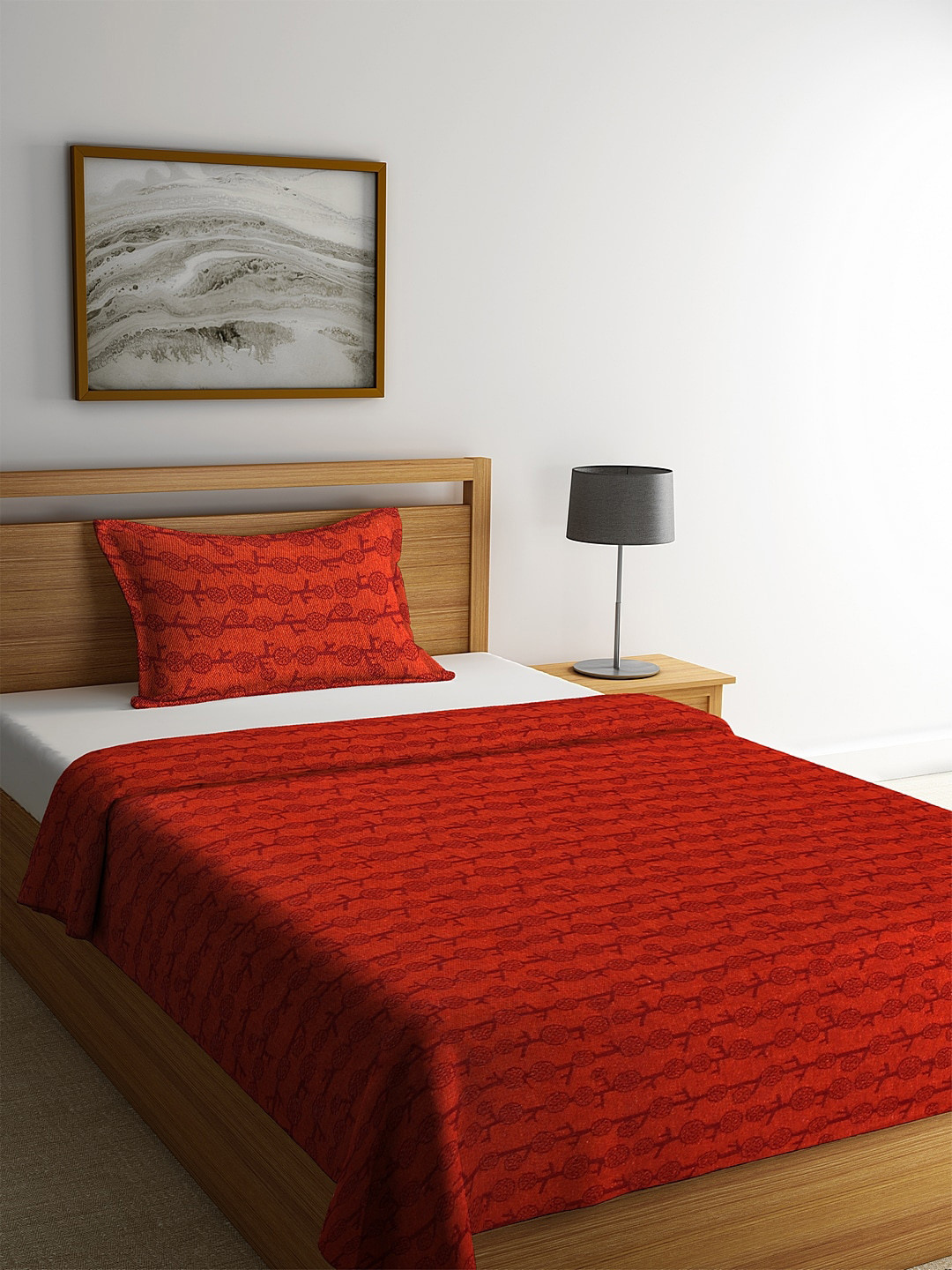 KLOTTHE Red Woven Design Cotton Single Bed Cover With 1 Pillow Cover