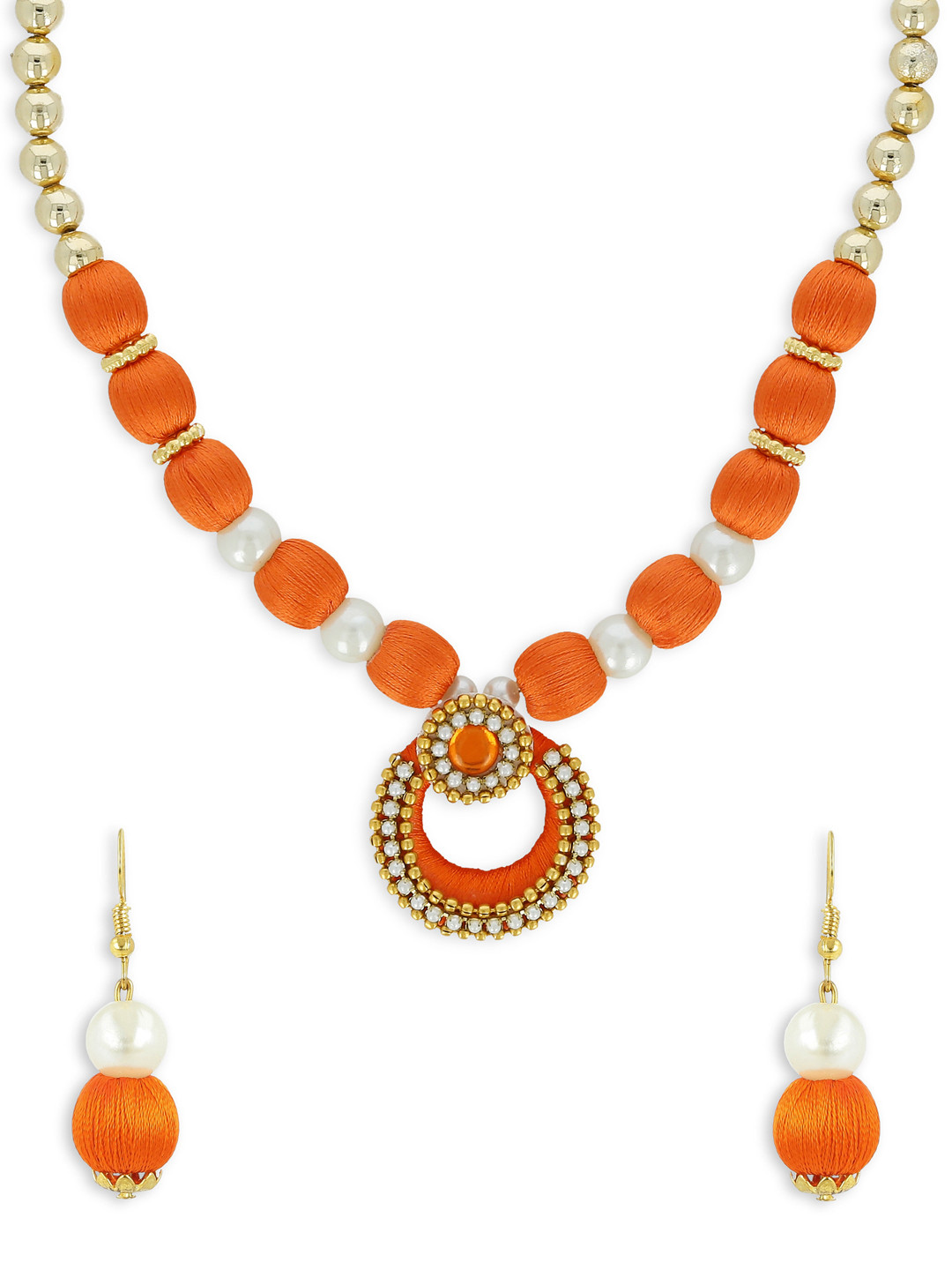 AKSHARA Gold-Plated Orange & White Stone-Studded & Beaded Handcrafted Jewellery Set
