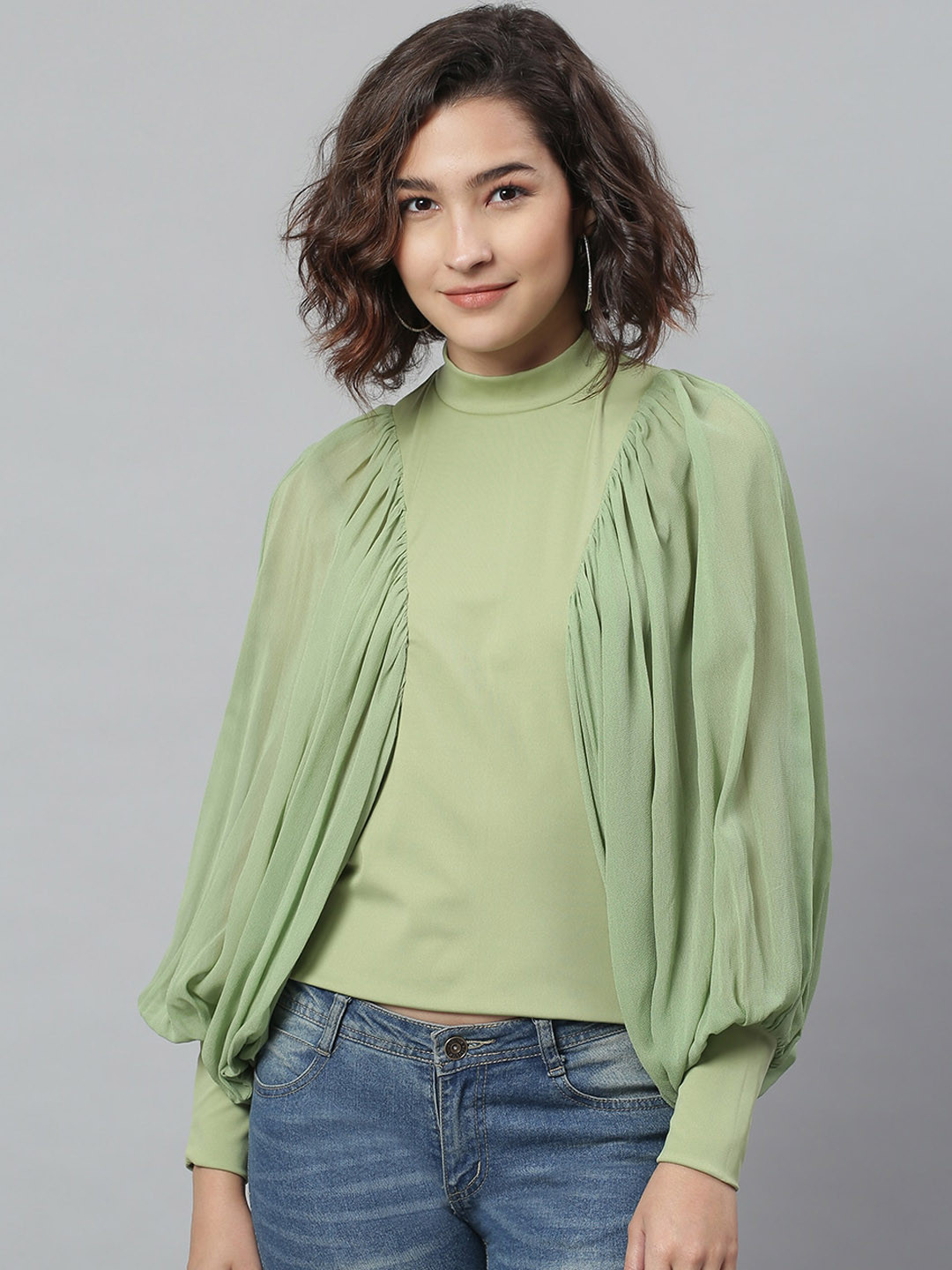 KASSUALLY Green Solid  Regular Batwing Top
