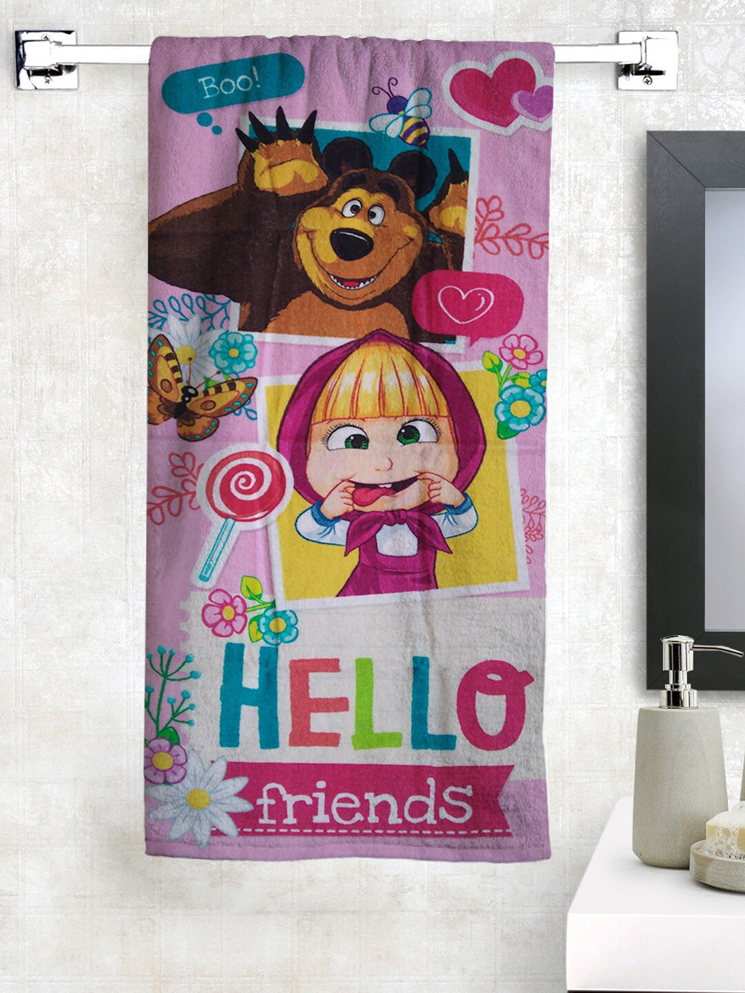 Athom Trendz Pink & Brown Masha & The Bear Printed 350 GSM Cotton Bath Towel