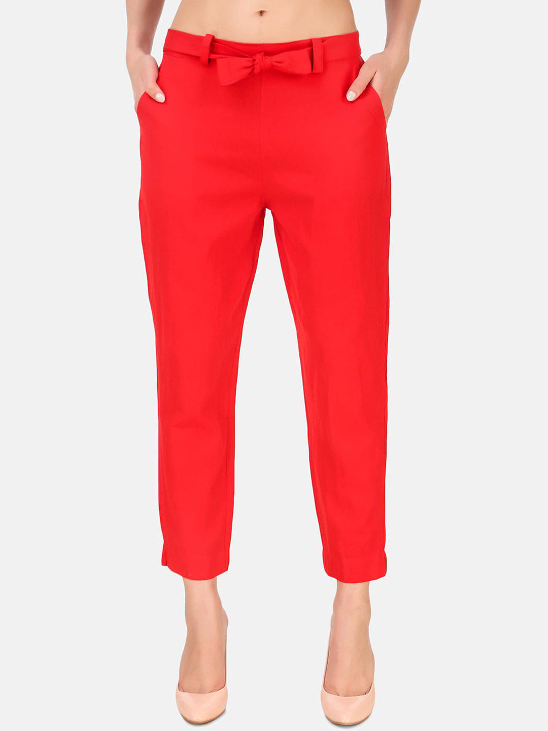 Aawari Women Red Regular Fit Solid Regular Trousers with Belt