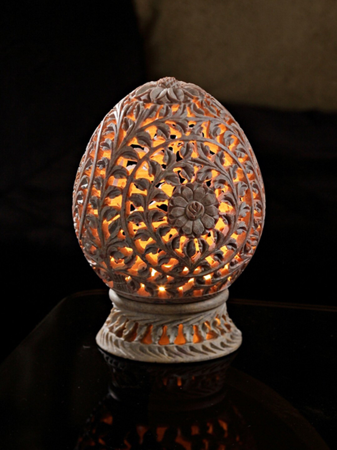 Aapno Rajasthan Grey Carved Tea light Holder