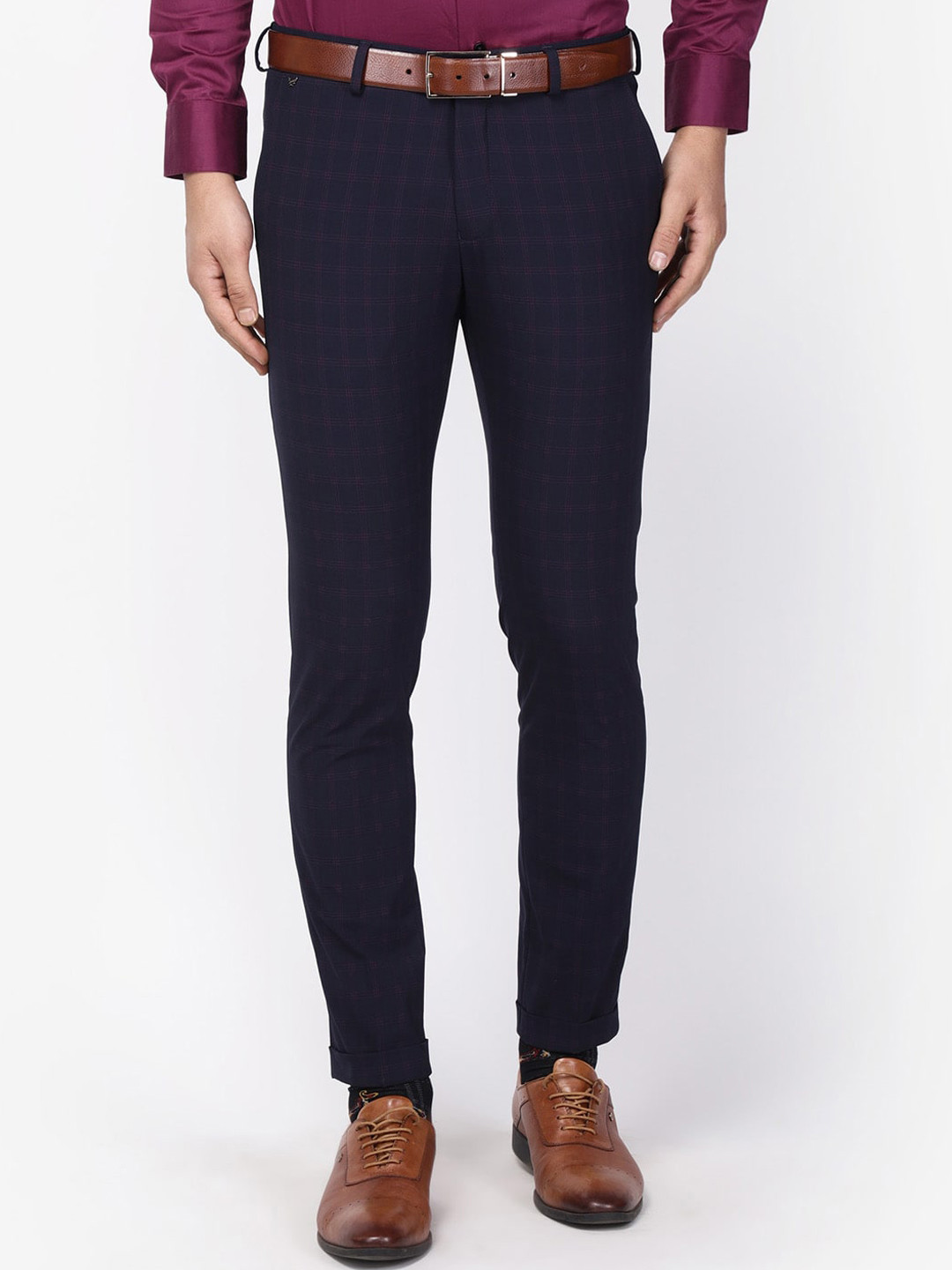 Blackberrys Men Navy Blue Phoenix Skinny Fit Checked Formal Trousers