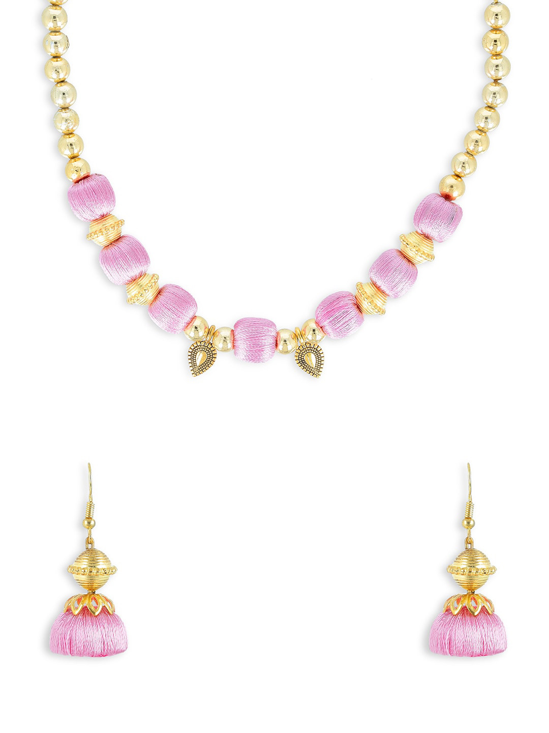 AKSHARA Gold-Plated Rose-Coloured Beaded Handcrafted Jewellery Set