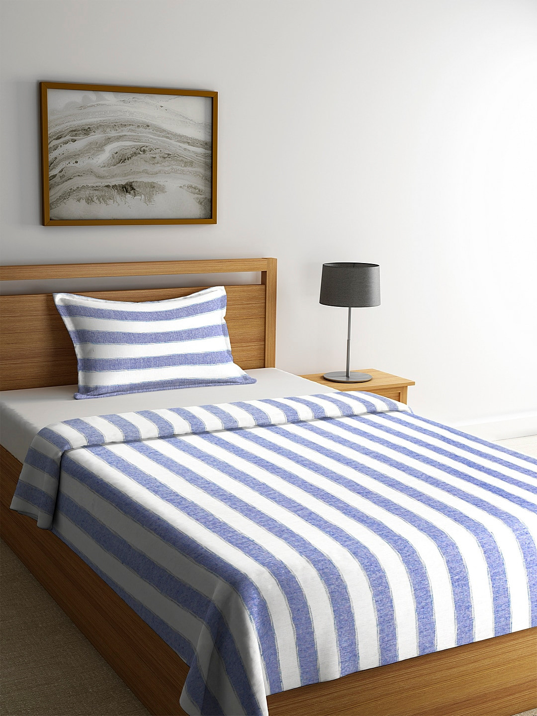 KLOTTHE White & Blue Striped Cotton Single Bed Cover With Pillow Cover