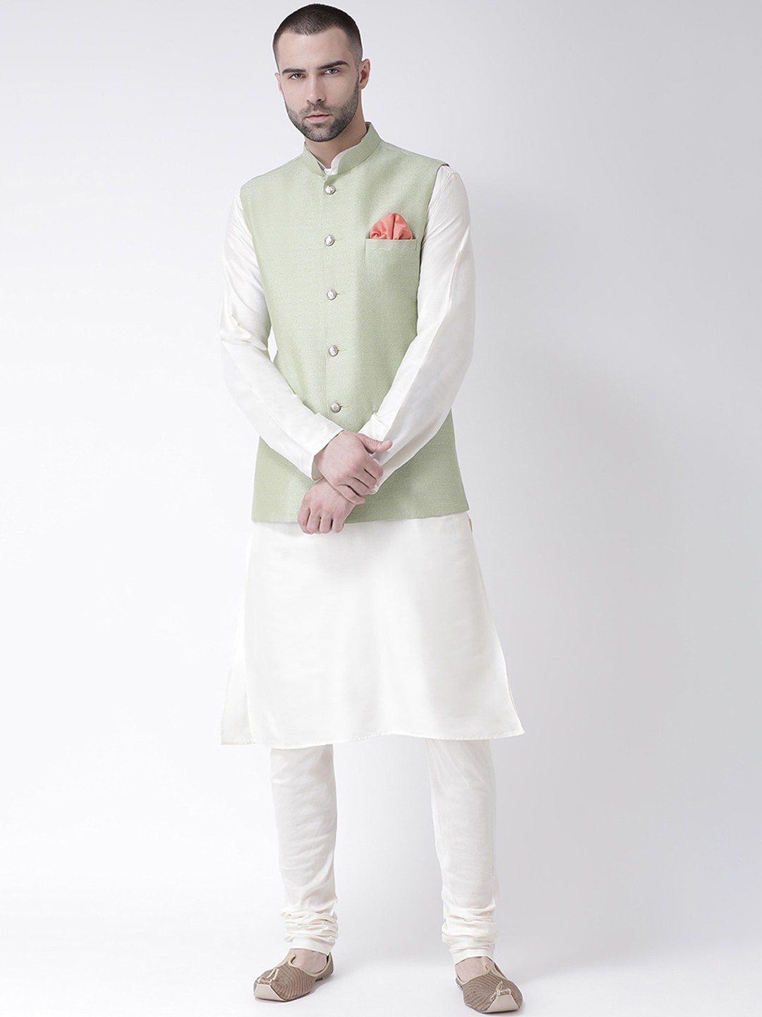 KISAH Men Green & White A-Line Kurta & Churidar With Jacket