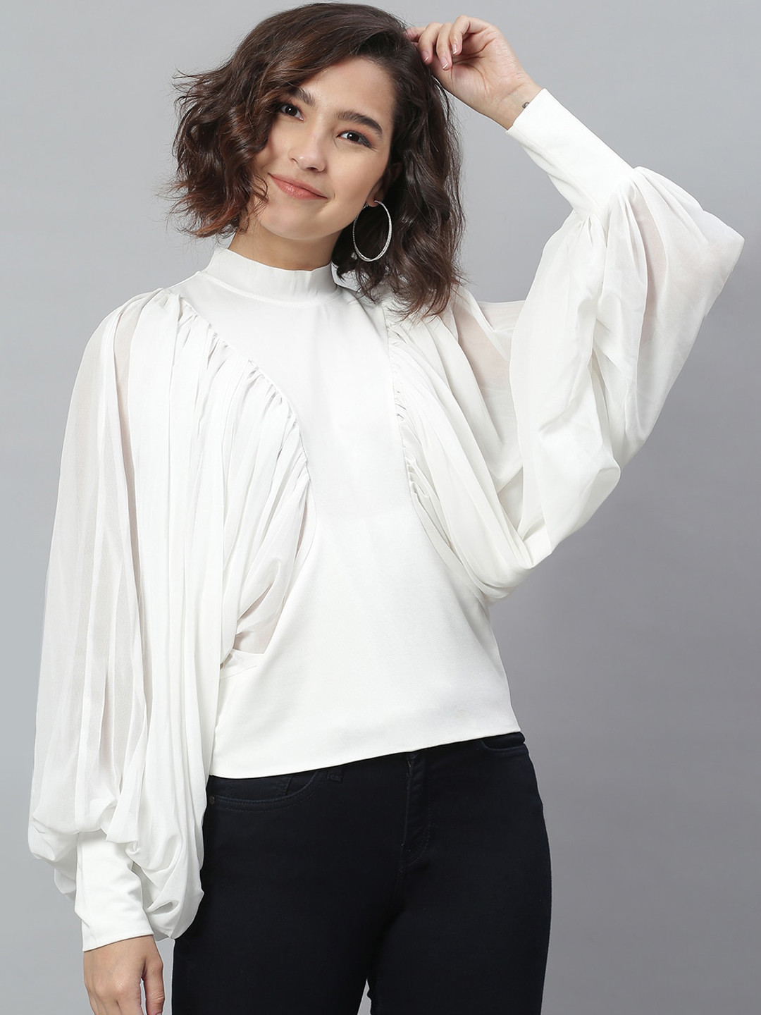 KASSUALLY White Solid Regular Batwing Sleeves   Top