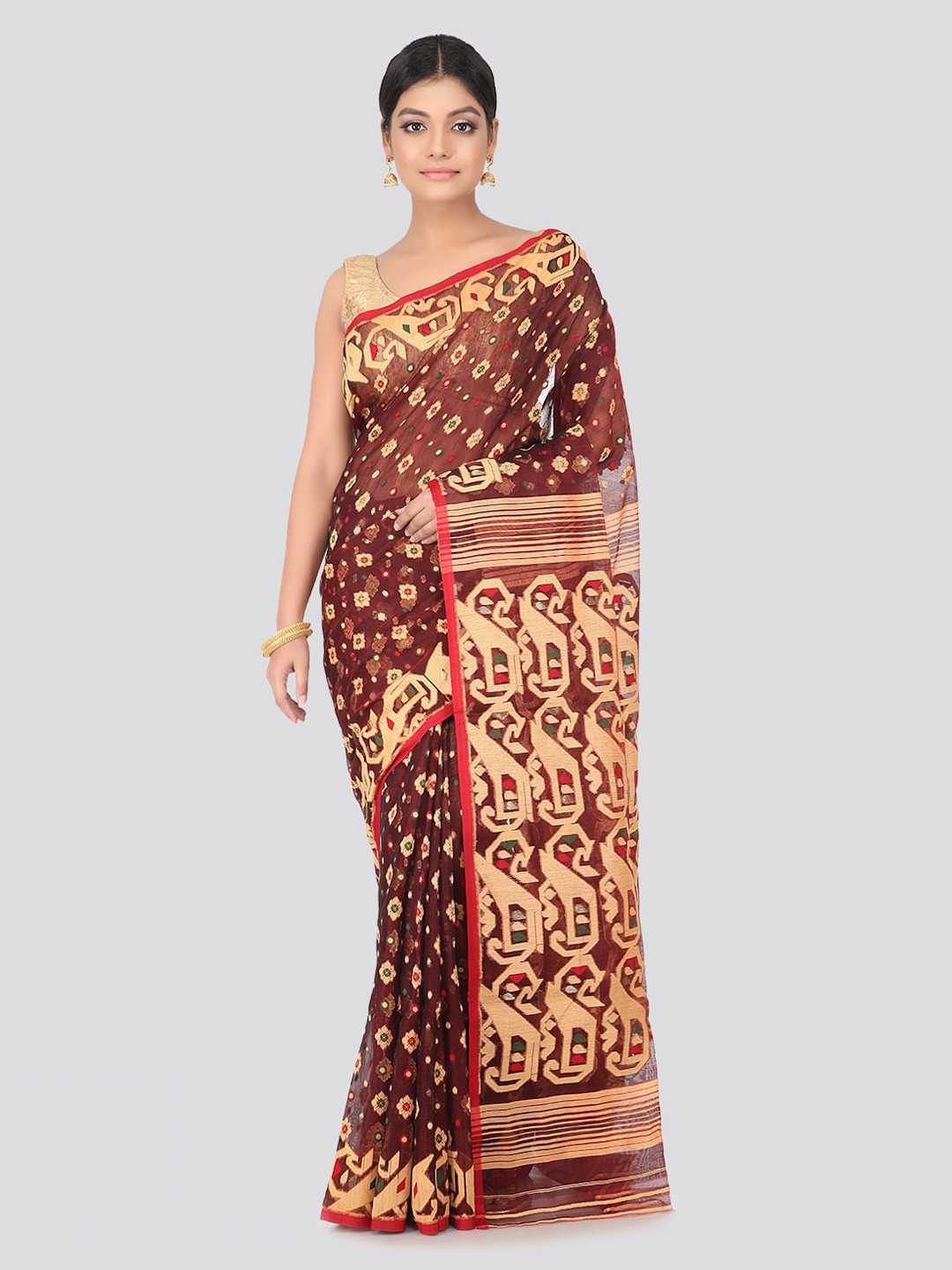 PinkLoom Maroon & Cream-Coloured Pure Cotton Woven Design Jamdani Saree