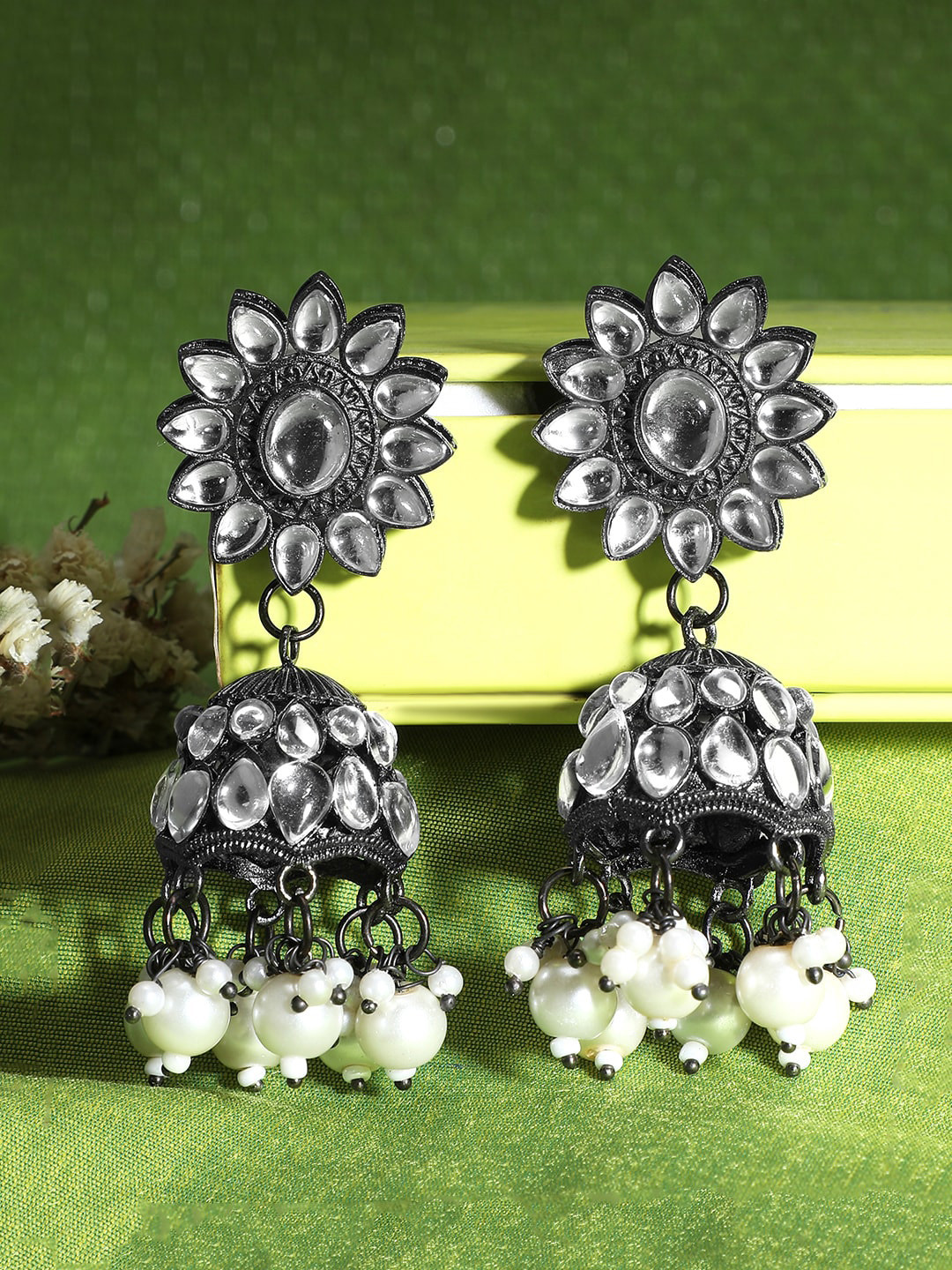 Yellow Chimes White & Gunmetal Toned Stone Studded Oxidised Dome Shaped Jhumkas