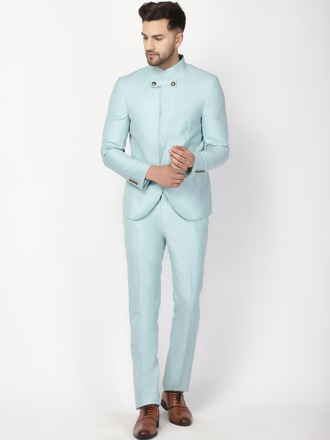 Blackberrys Men Blue Solid Slim-Fit Bandhgala Suit