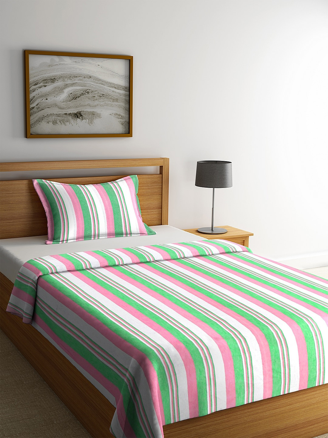 KLOTTHE Green & White Striped Cotton Single Bed Cover With 1 Pillow Cover