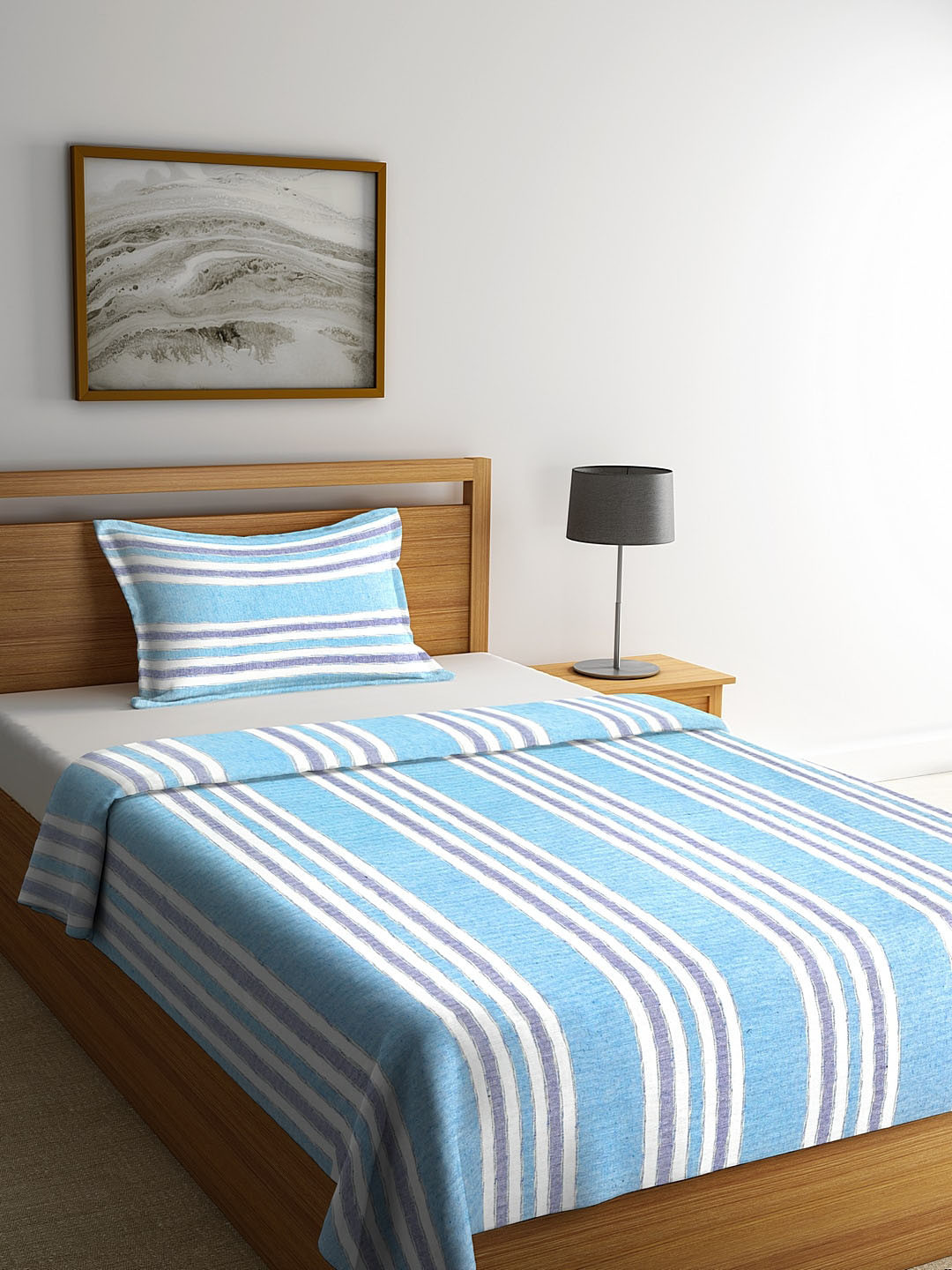 KLOTTHE Turquoise Blue & White Striped Cotton Bed Cover With Pillow Cover