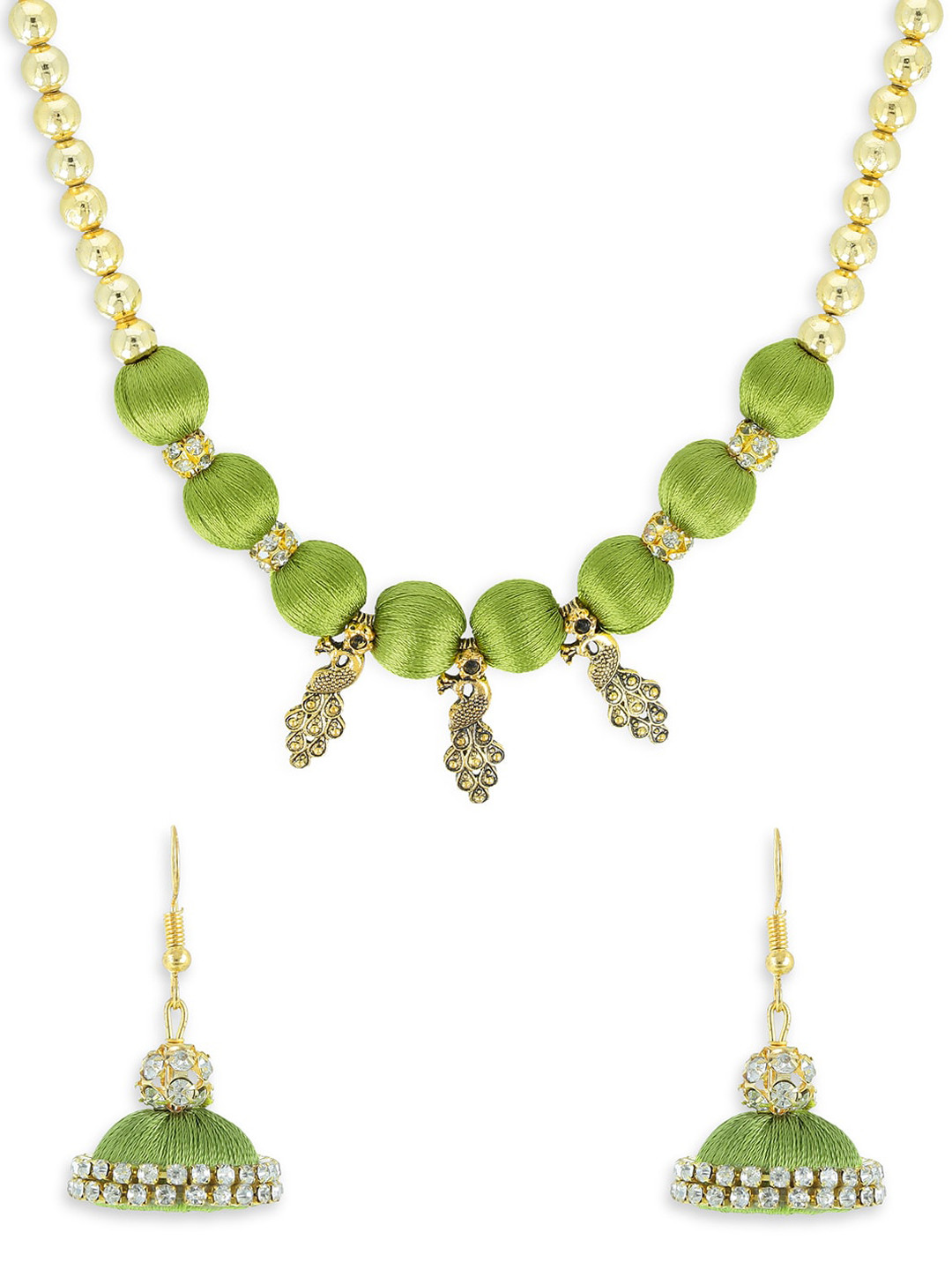 AKSHARA Gold-Plated Lime Green & Off White Studded Beaded Handcrafted Jewellery Set