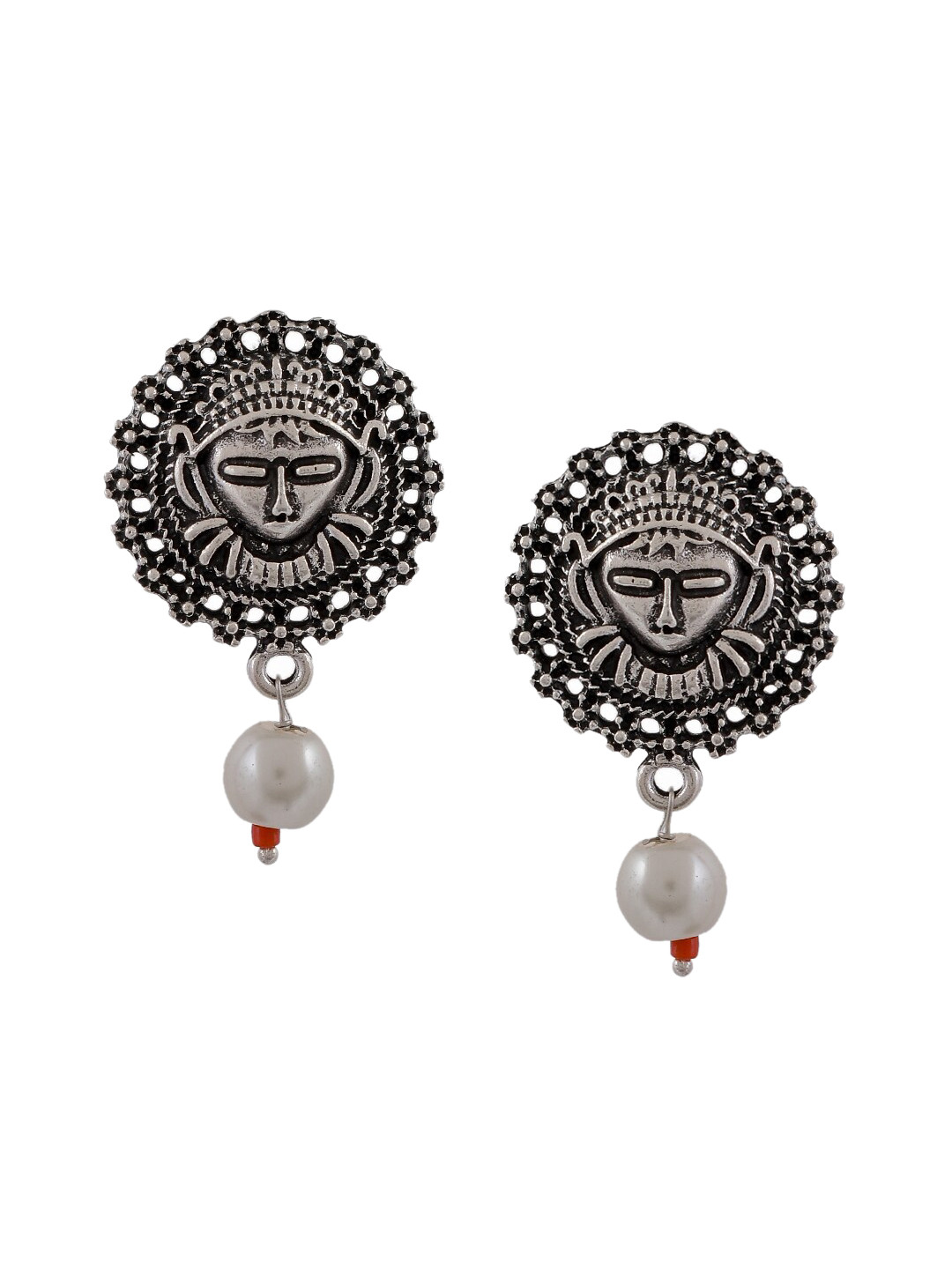 Silvermerc Designs Oxidised Off-White Silver-Plated Beaded Circular Drop Earrings