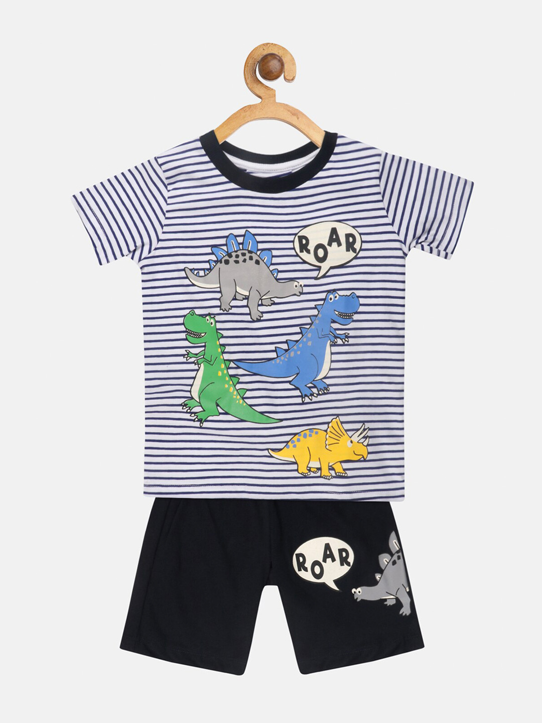 Lazy Shark Boys White & Navy Blue Striped T-shirt with Shorts