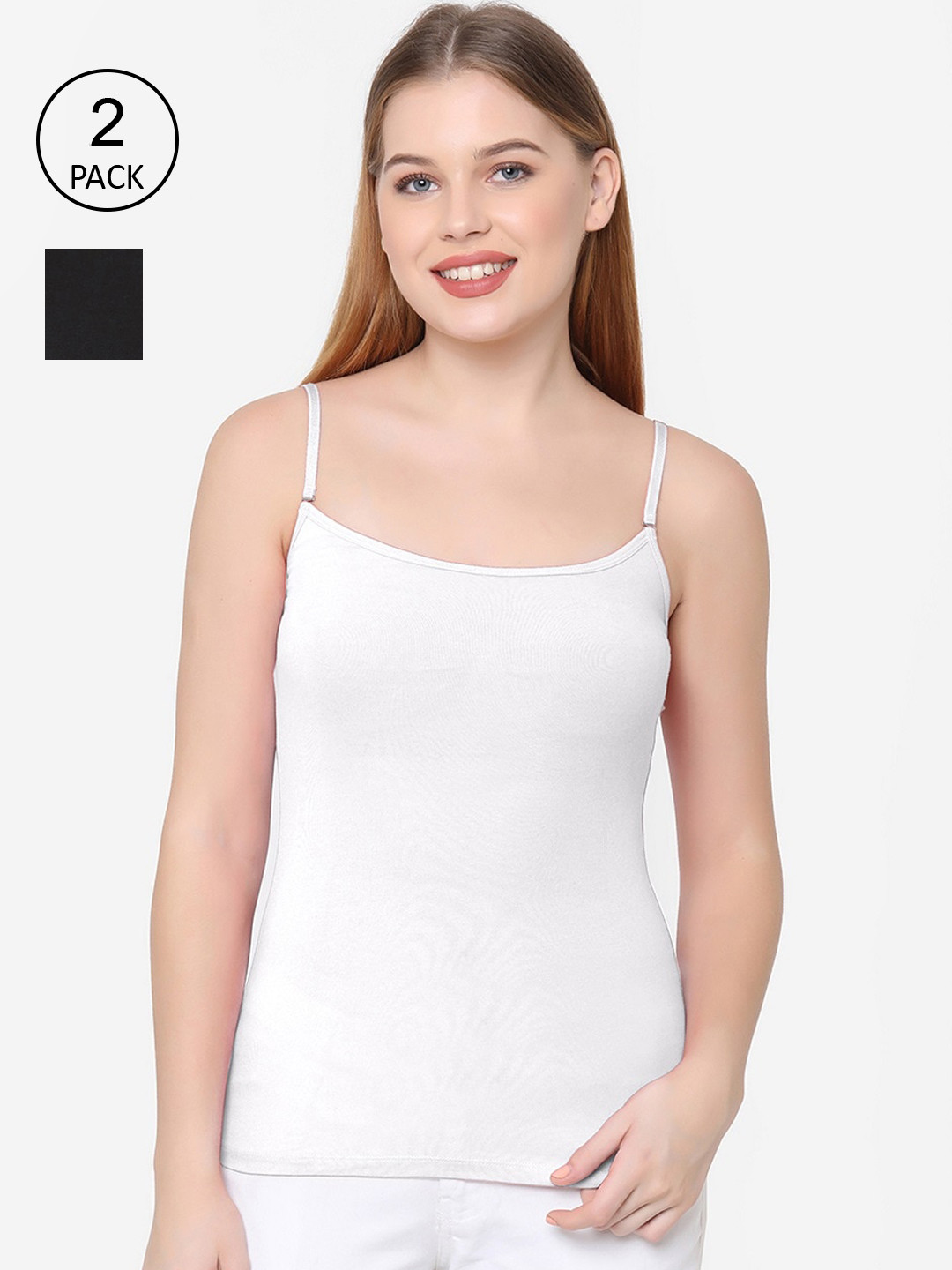 Soie Women Pack of 2 White & Black Solid Non-Padded Camisoles