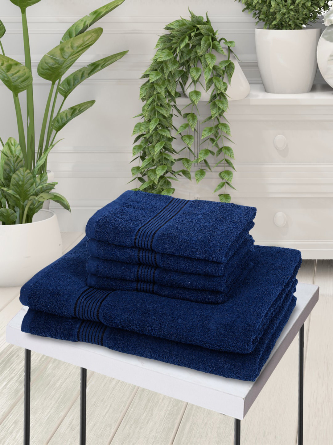 KOPA Unisex Set Of 6 Navy Blue Solid 380 GSM 100% Cotton Super-Soft Terry Towels