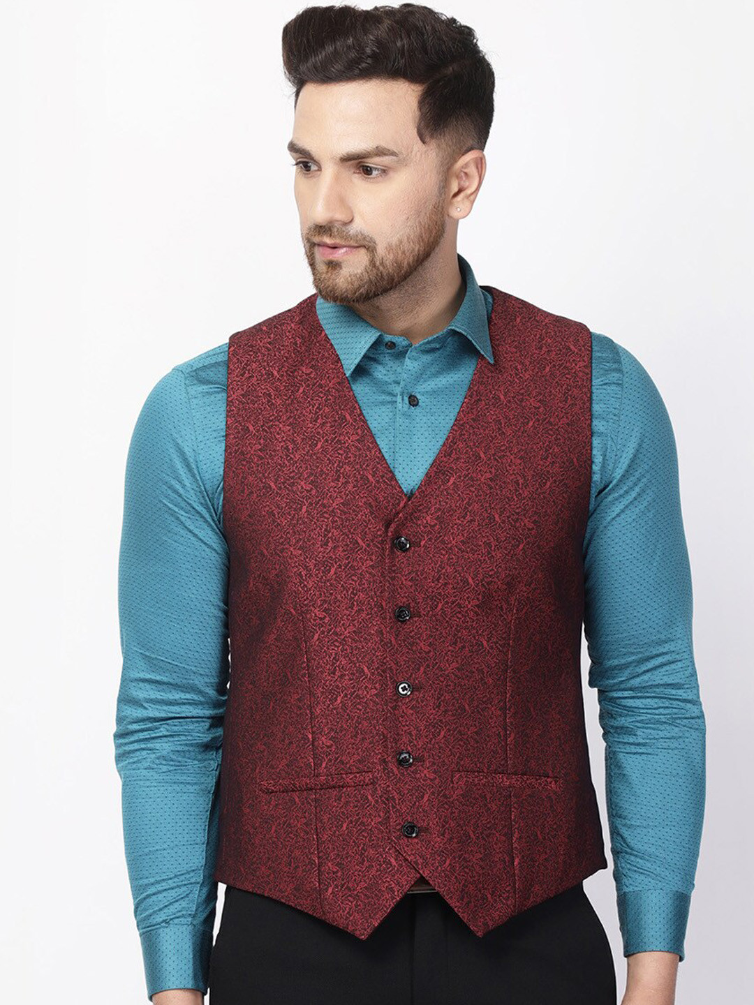 Blackberrys Men Red Knitted Woven Party Waistcoat