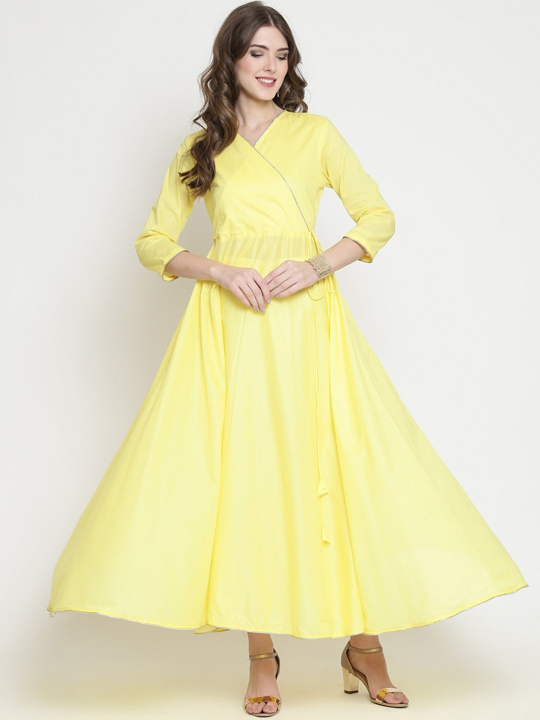 Sera Women Yellow Angrakha Floor Length Anarkali Pure Cotton Kurta with Palazzos