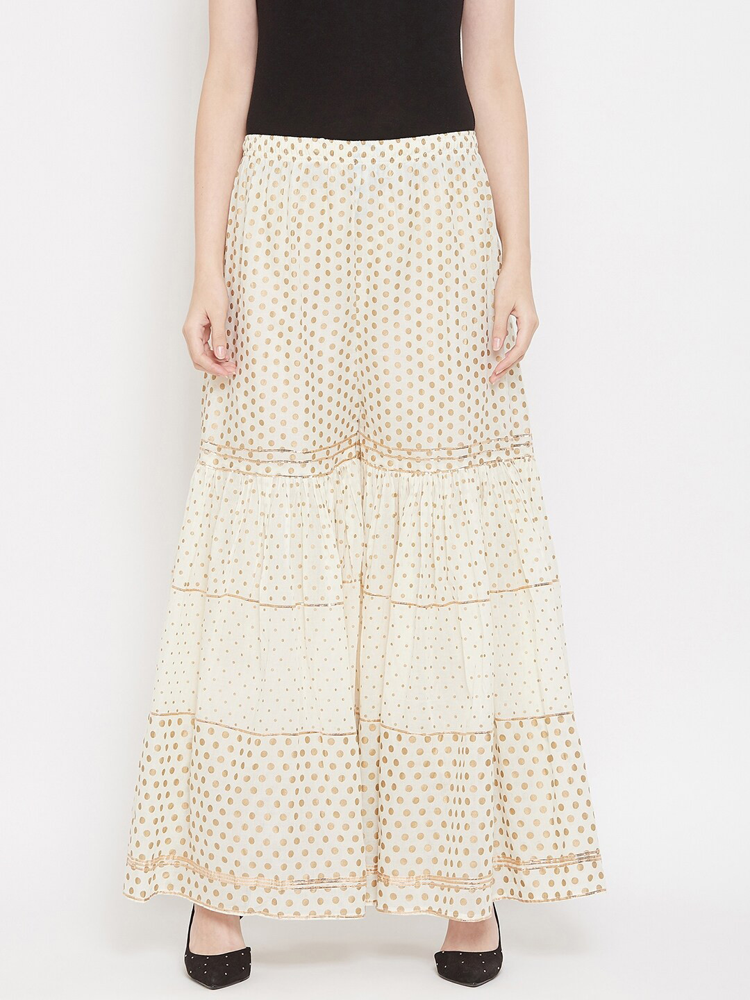 TULIP 21 Women Off-White & Gold Polka-Dot Printed Flared Palazzos