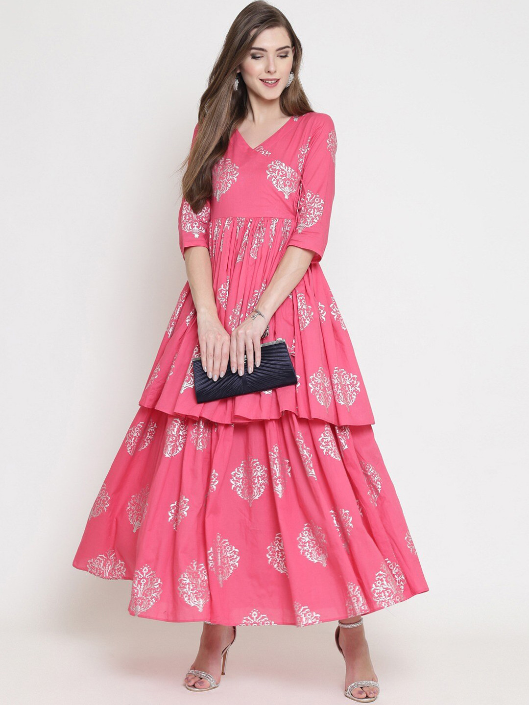 Sera Pink & Silver Ethnic Motifs Print Tiered Angrakha Style Maxi Dress