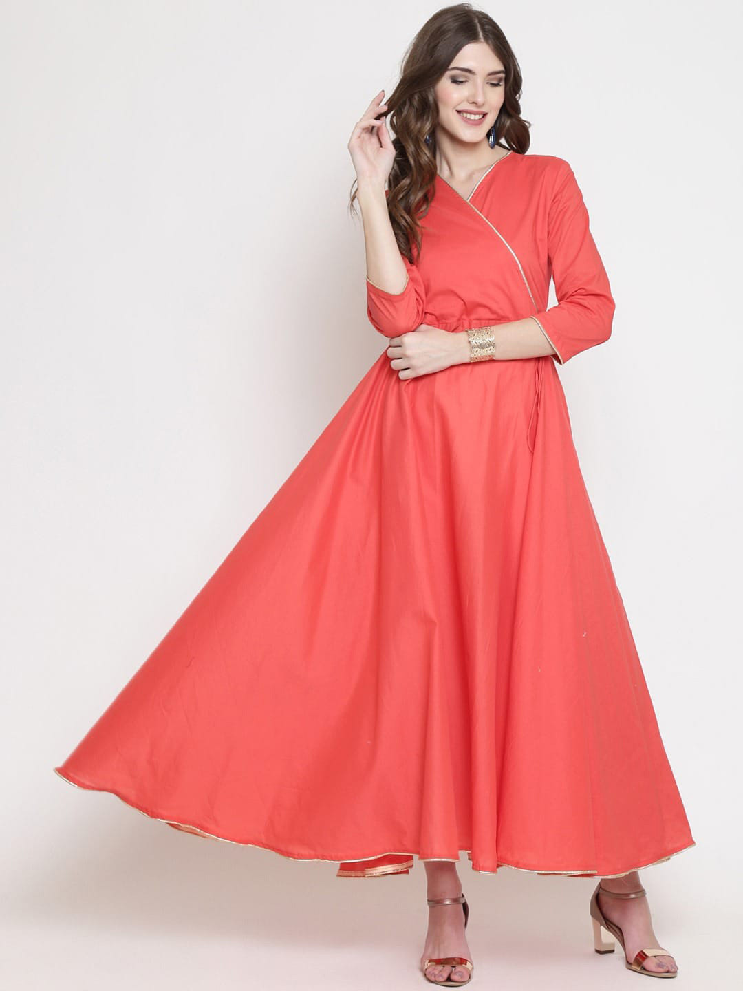 Sera Coral Red Cotton Ethnic Maxi Dress