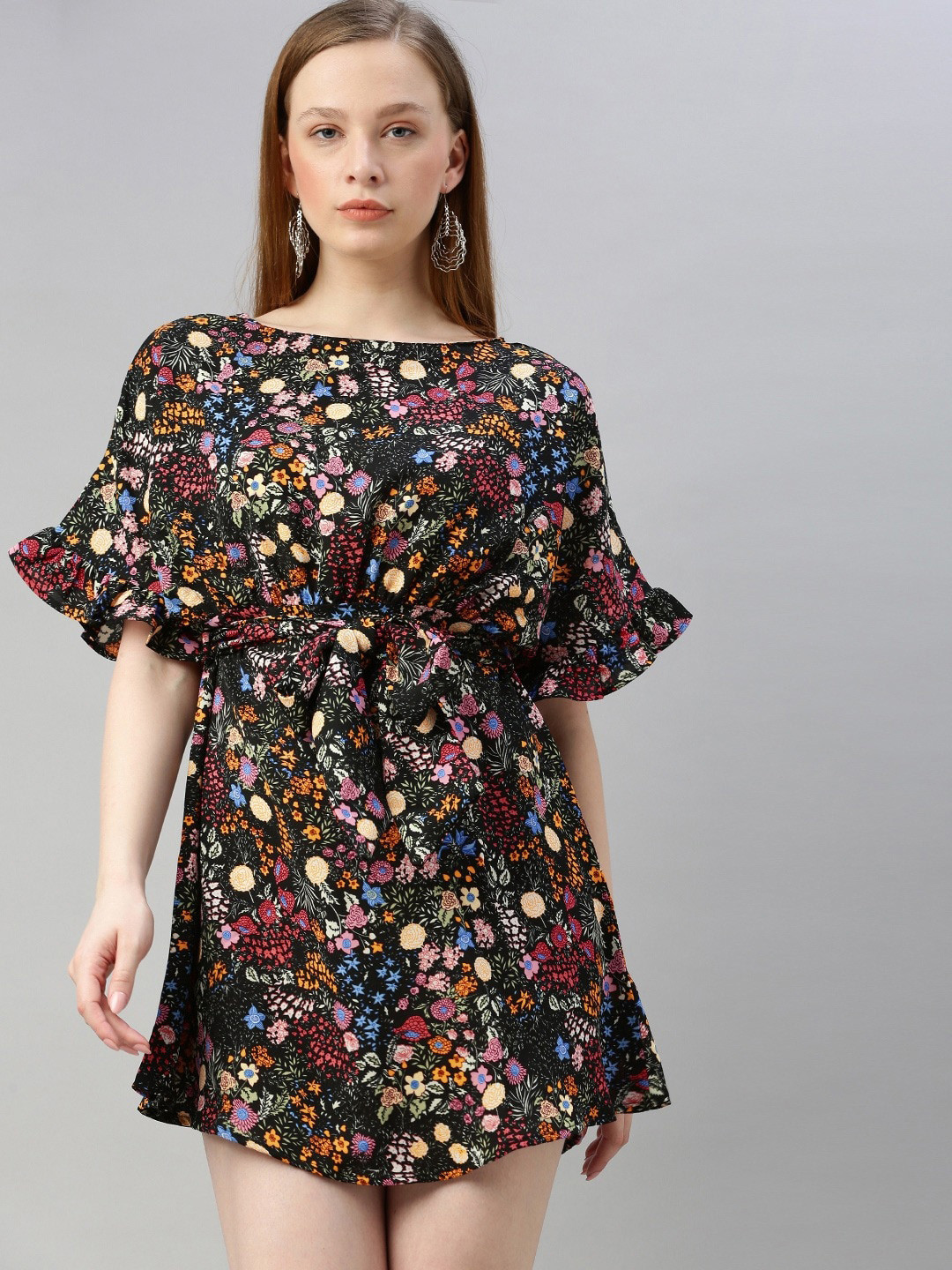 Sera Multi Floral Crepe Waist Tie-Up A-Line Mini Dress