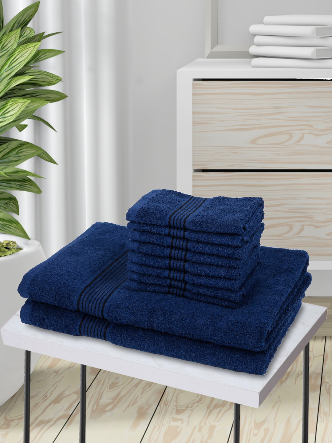 KOPA Set Of 10 Navy Blue Solid Cotton 380 GSM Super-Soft Towel Set