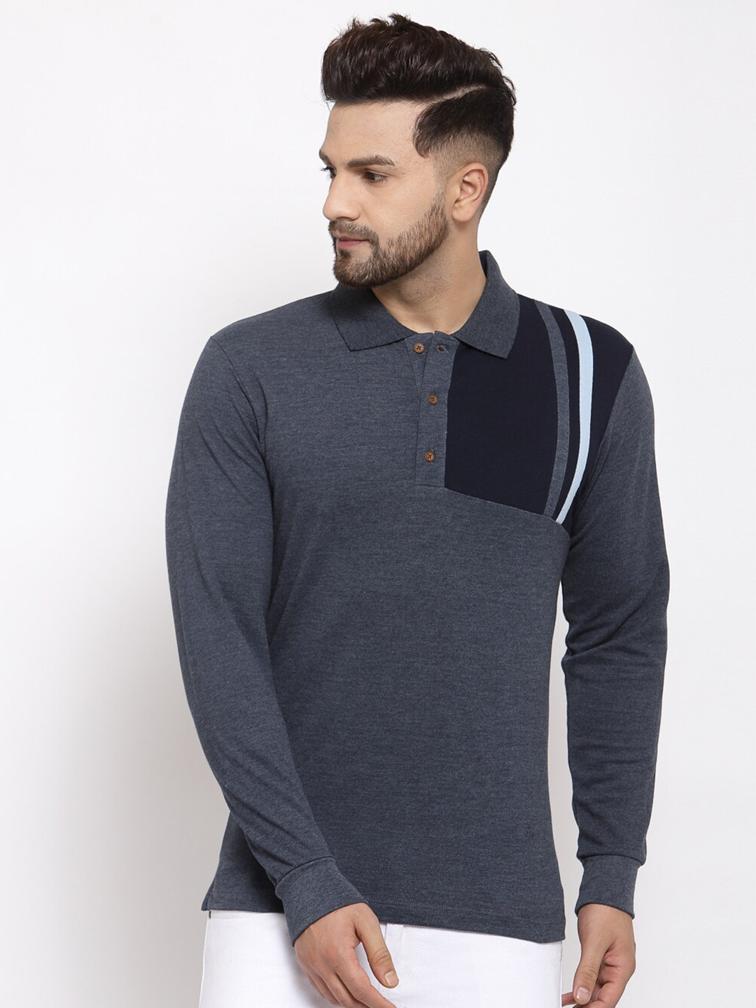 Kalt Men Navy Blue Polo Collar T-shirt