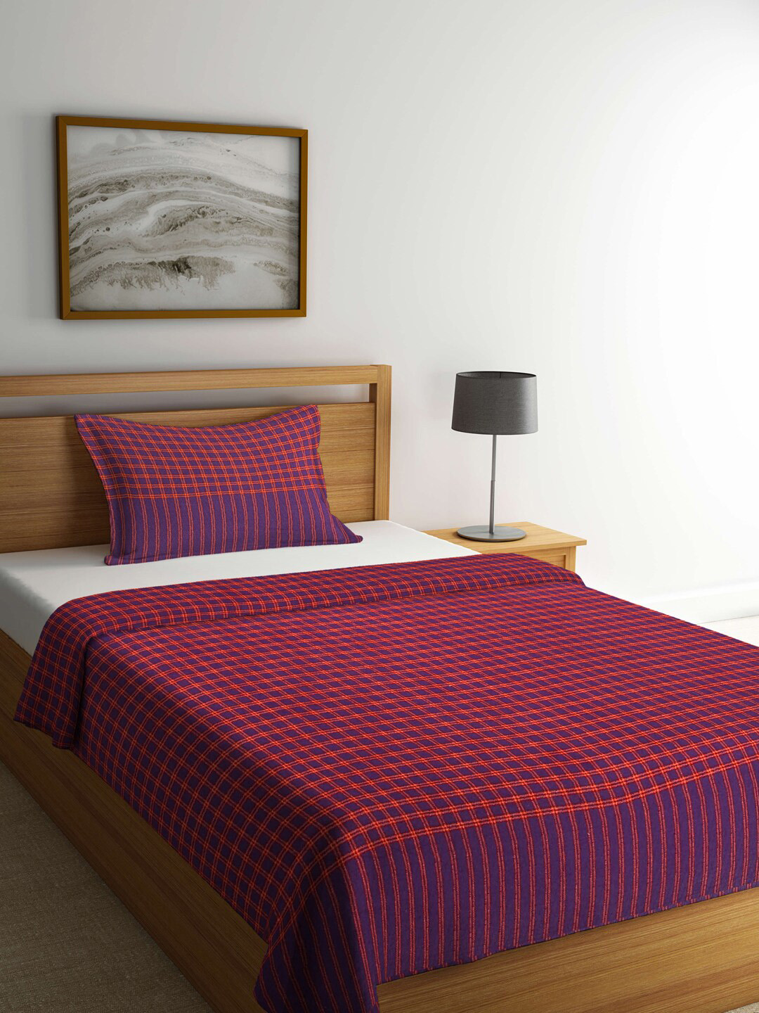 KLOTTHE Purple & Red Checked Cotton Single Bed Cover With Pillow Cover