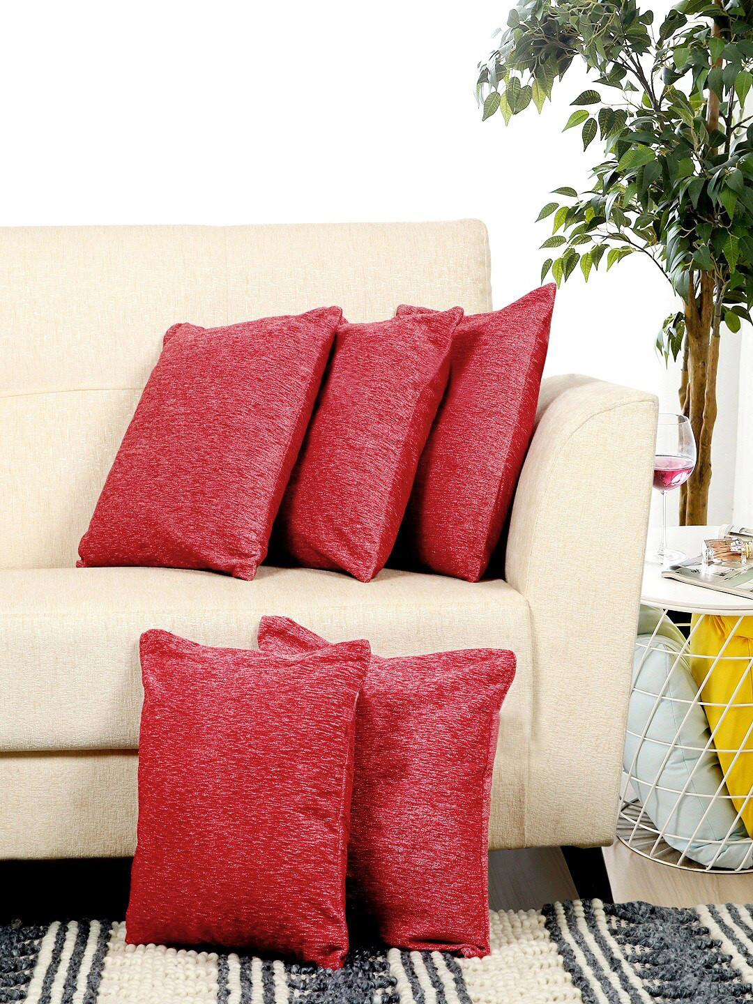 BELLA TRUE Red Polyester Washable 5 Piece Textured Square Cushion Covers -16x16In