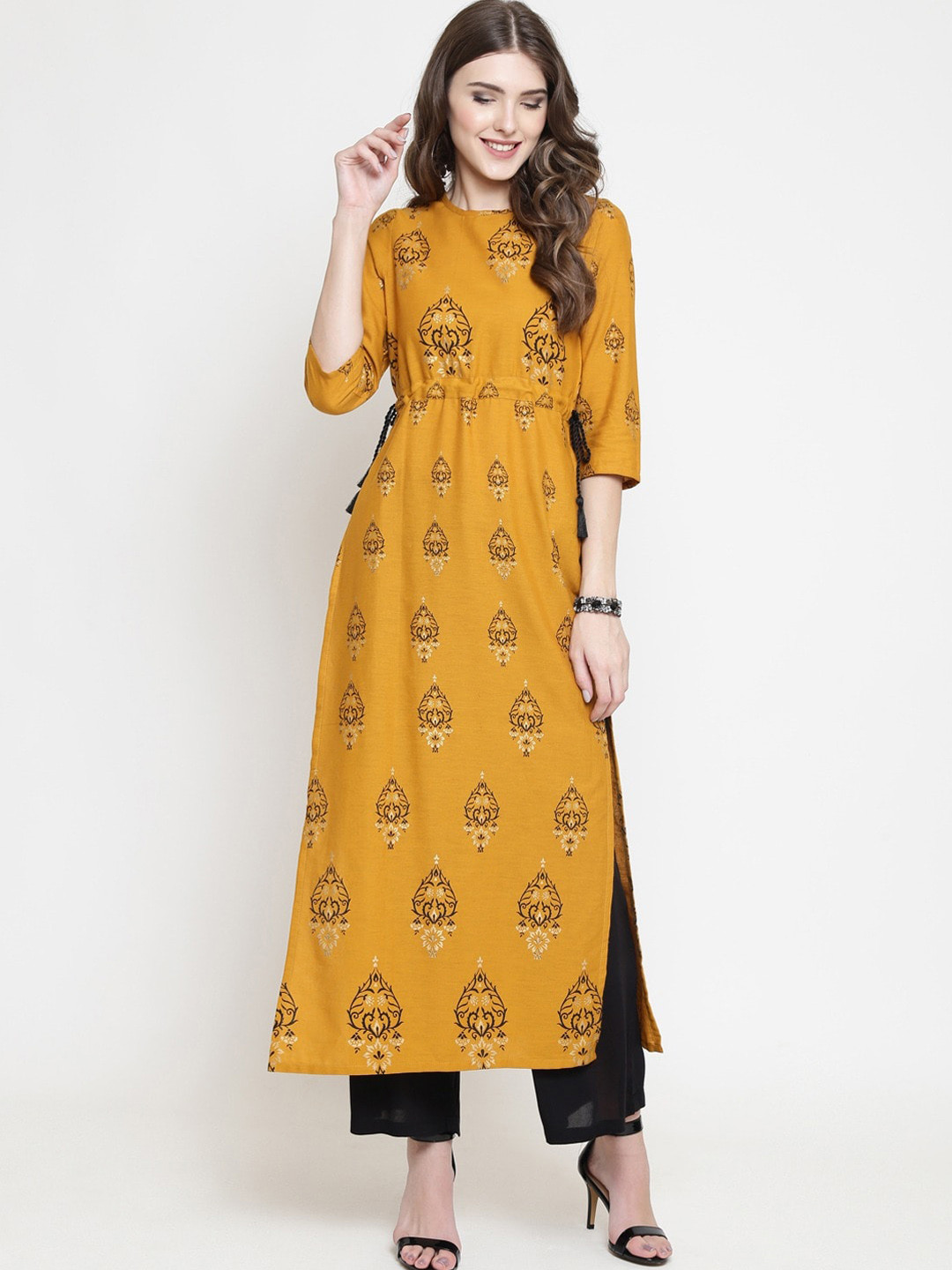 Sera Women Mustard Yellow & Black Ethnic Motifs Printed Kurta