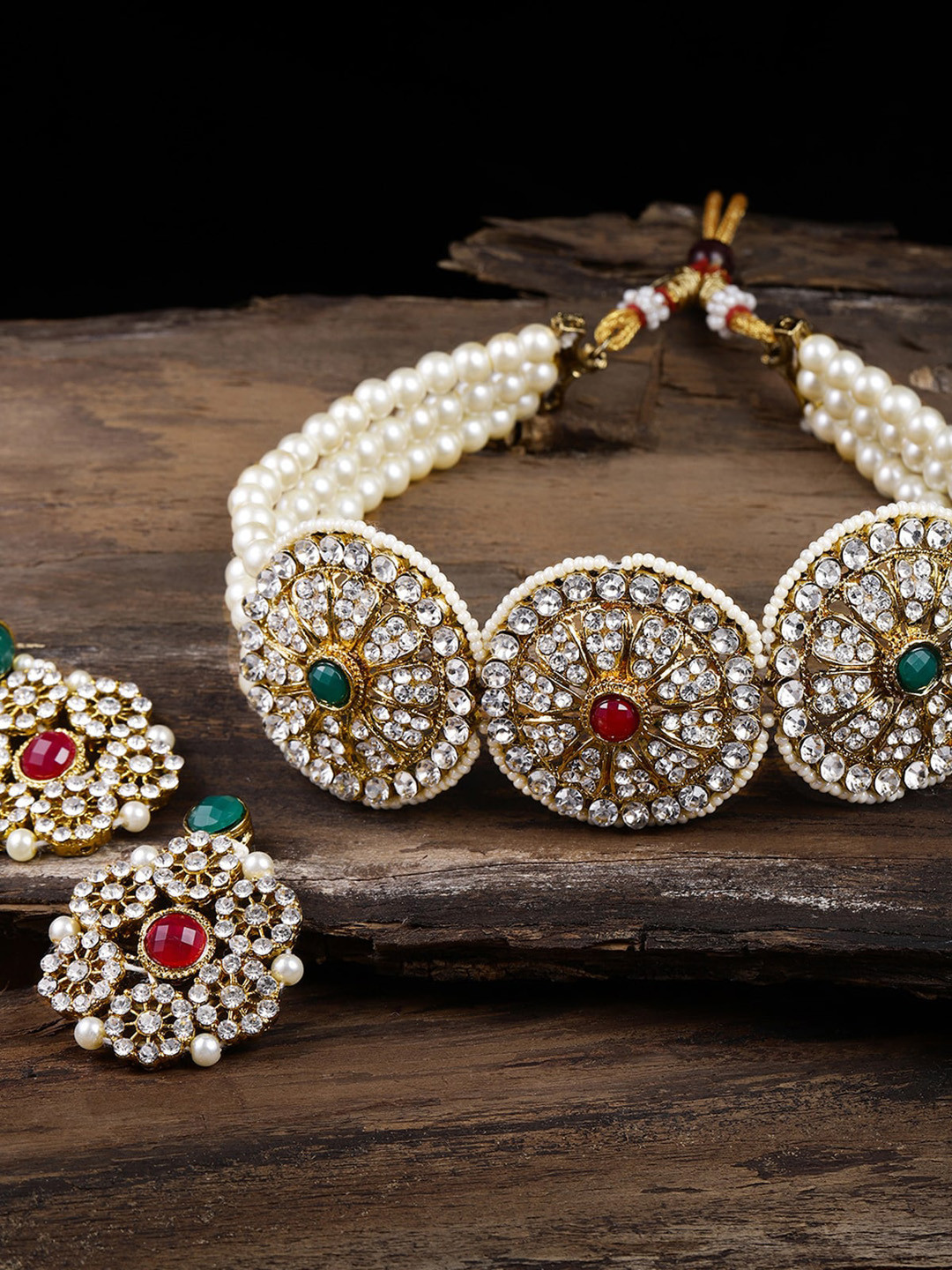 Zaveri Pearls Gold-Plated Red & Green Austrian Diamonds-Studded Multi Strand Pearl Choker Jewellery Set