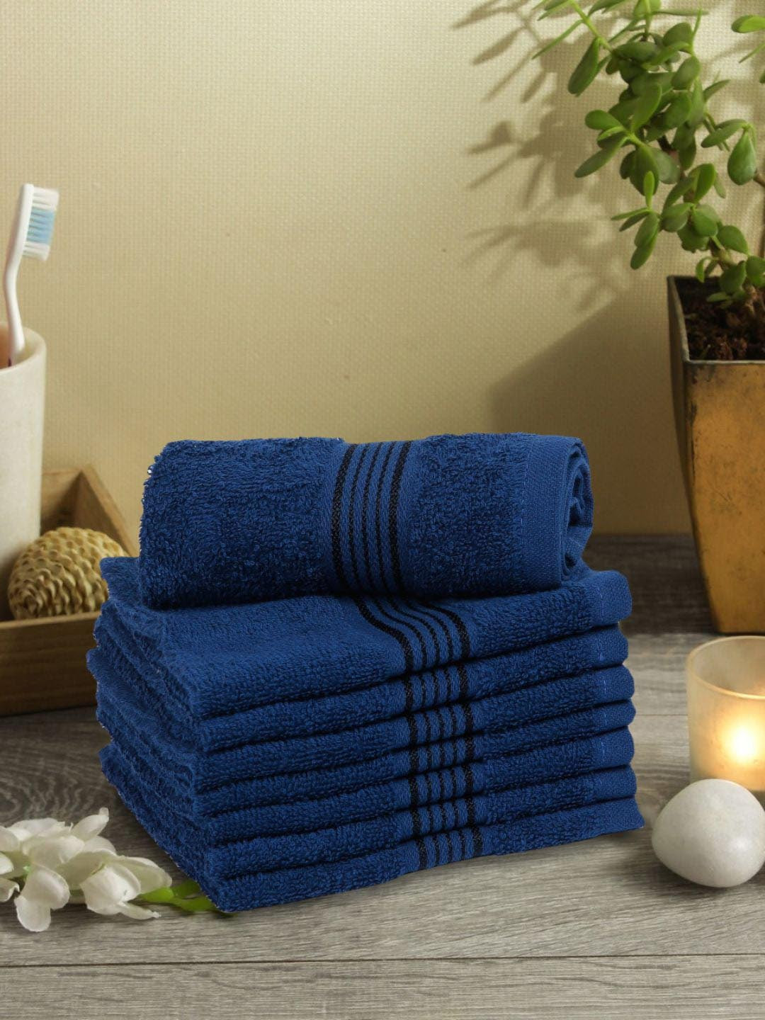 KOPA Navy Blue Set of 8 Solid 380 GSM Cotton Face Towels