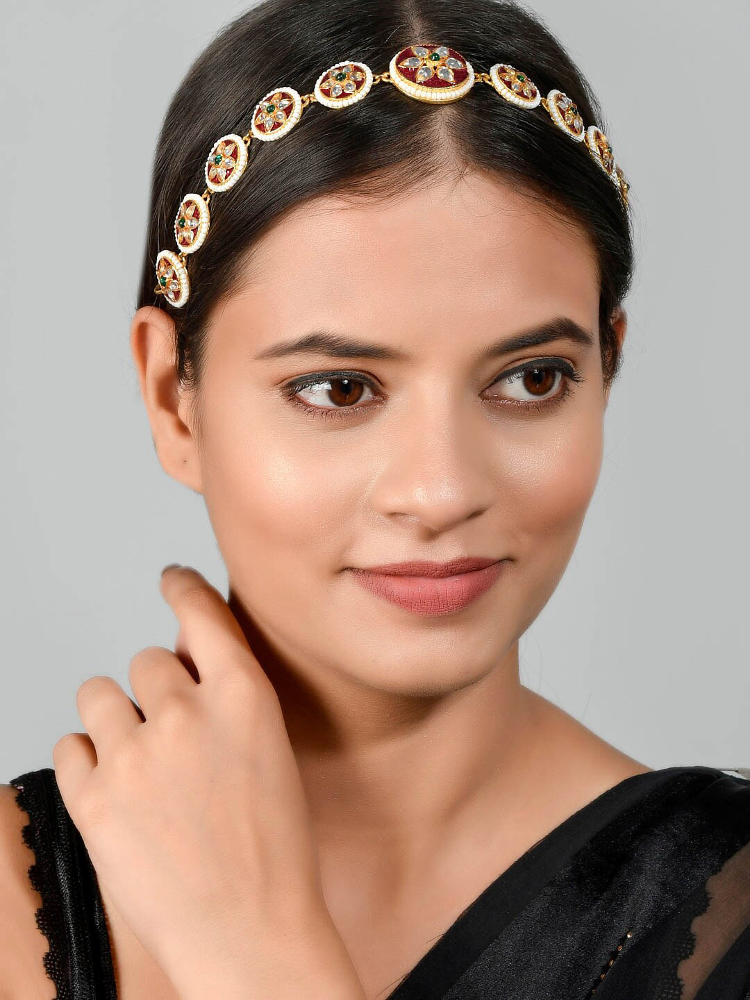 Silvermerc Designs Gold-plated White & Maroon Kundan-Studded & Beaded Meenakari Matha Patti