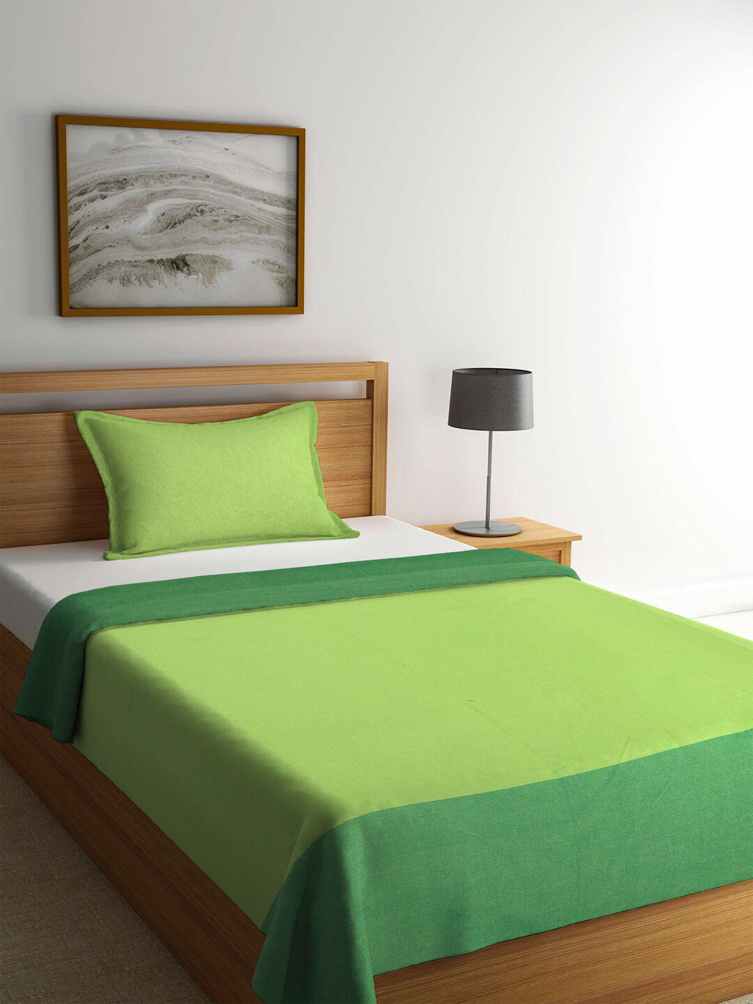 KLOTTHE Green Woven Design Cotton Single Bed Cover With Pillow Cover