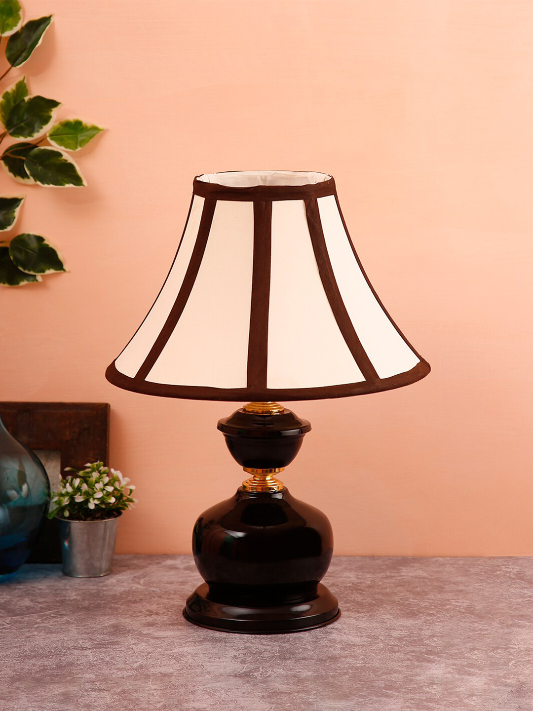 Devansh White & Brown Colourblocked Traditional Bedside Standard Table Lamp with Shade